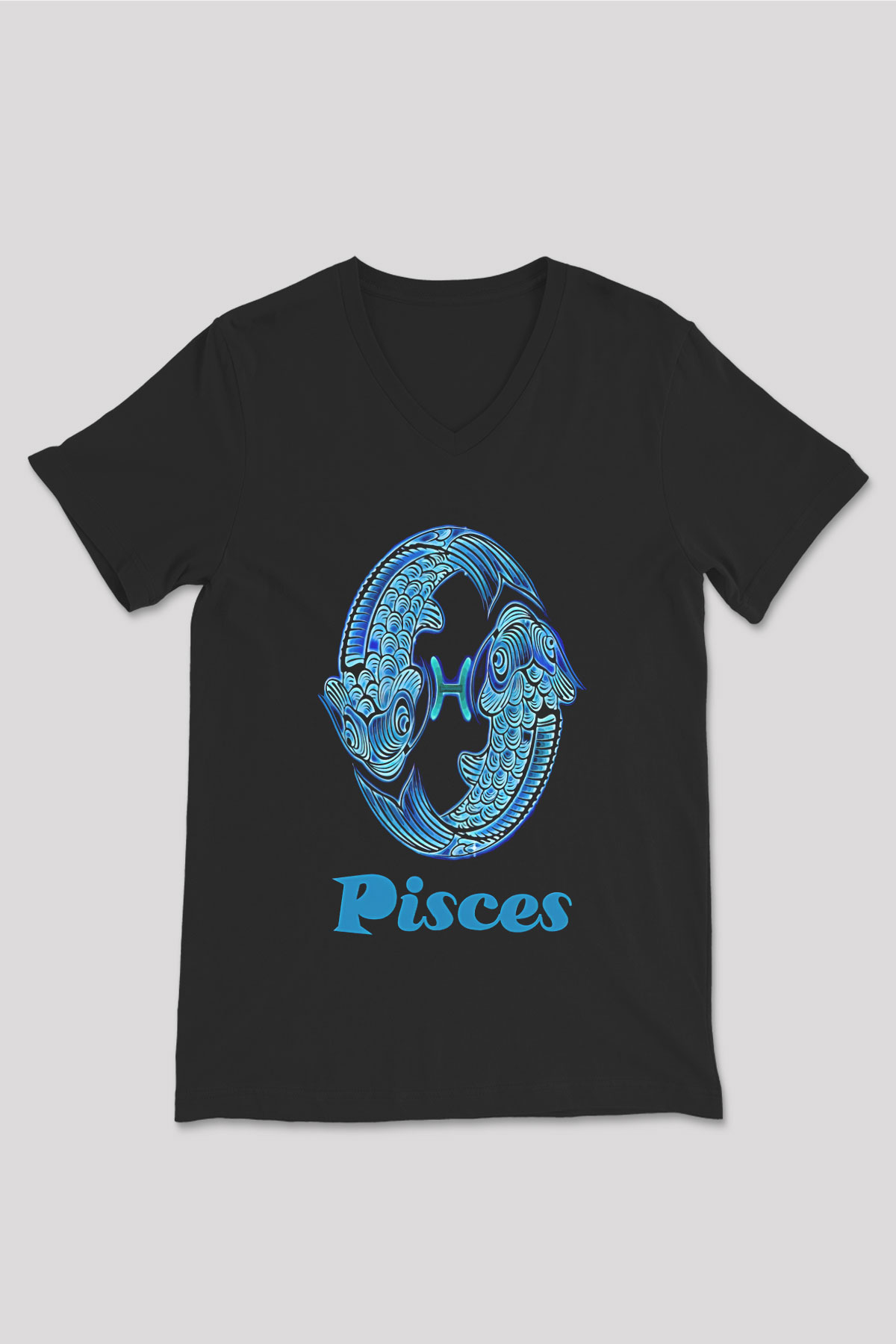 Balık Burcu Baskılı Unisex Siyah V Yaka Tişört - Tshirt