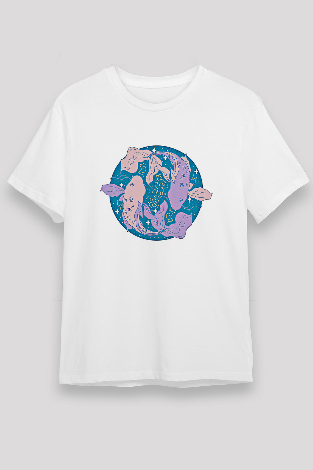 Balık Burcu Unisex Baskılı Beyaz Tişört - Tshirt