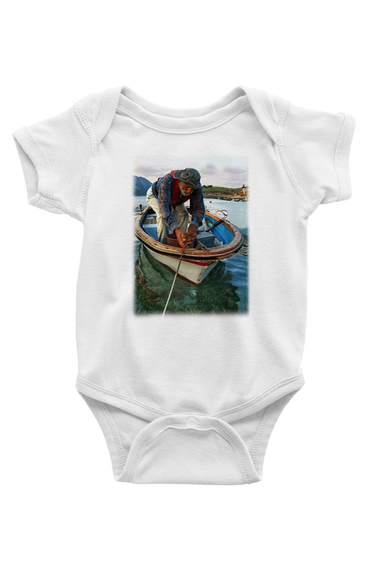 Balıkçı Baskılı Beyaz Unisex Bebek Body - Zıbın