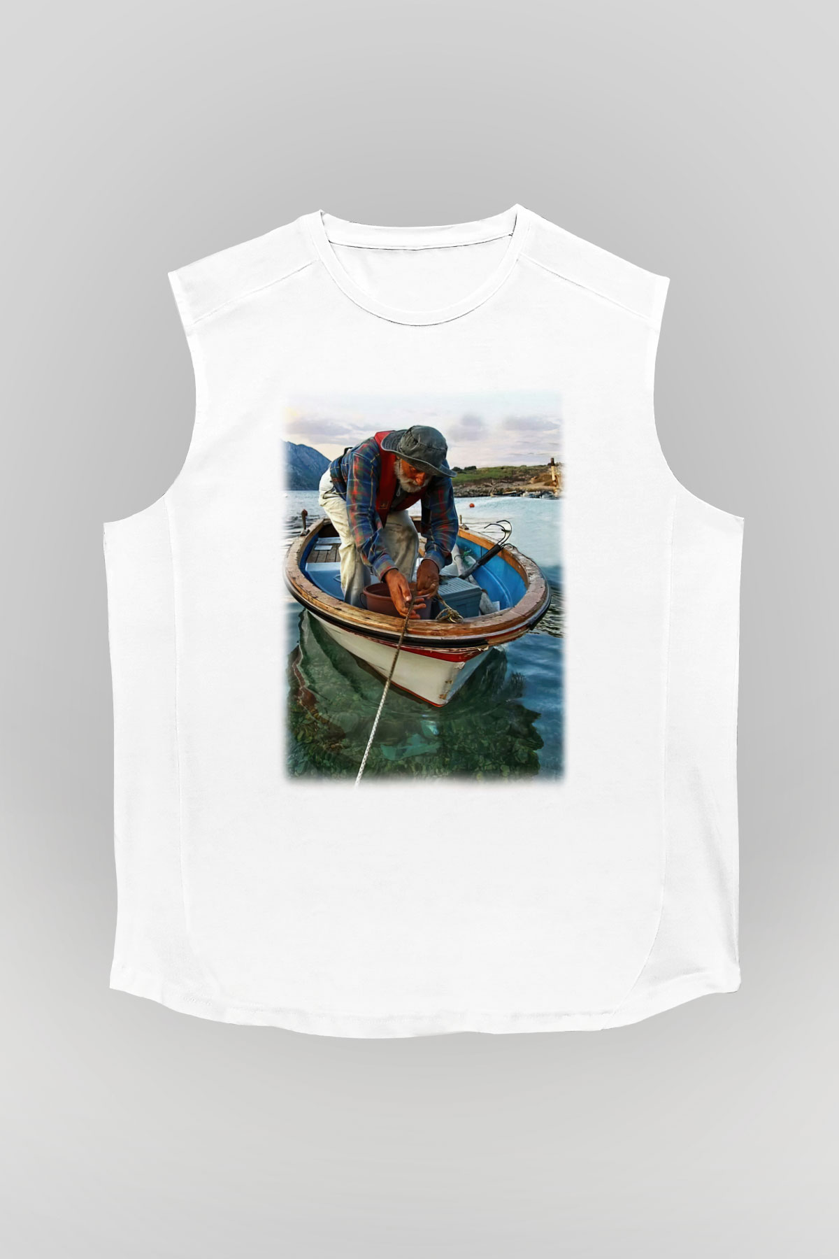 Balıkçı Beyaz Unisex Kolsuz Tişört