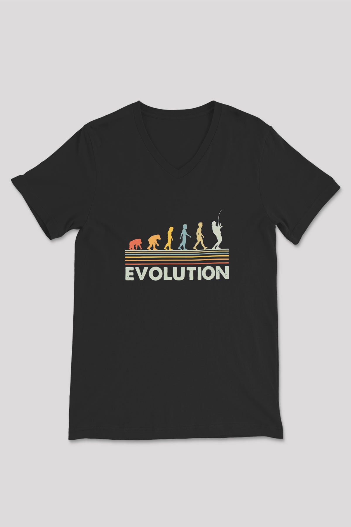 Balıkçı Evrimi Baskılı Unisex V Yaka Siyah Tİşört - Tshirt