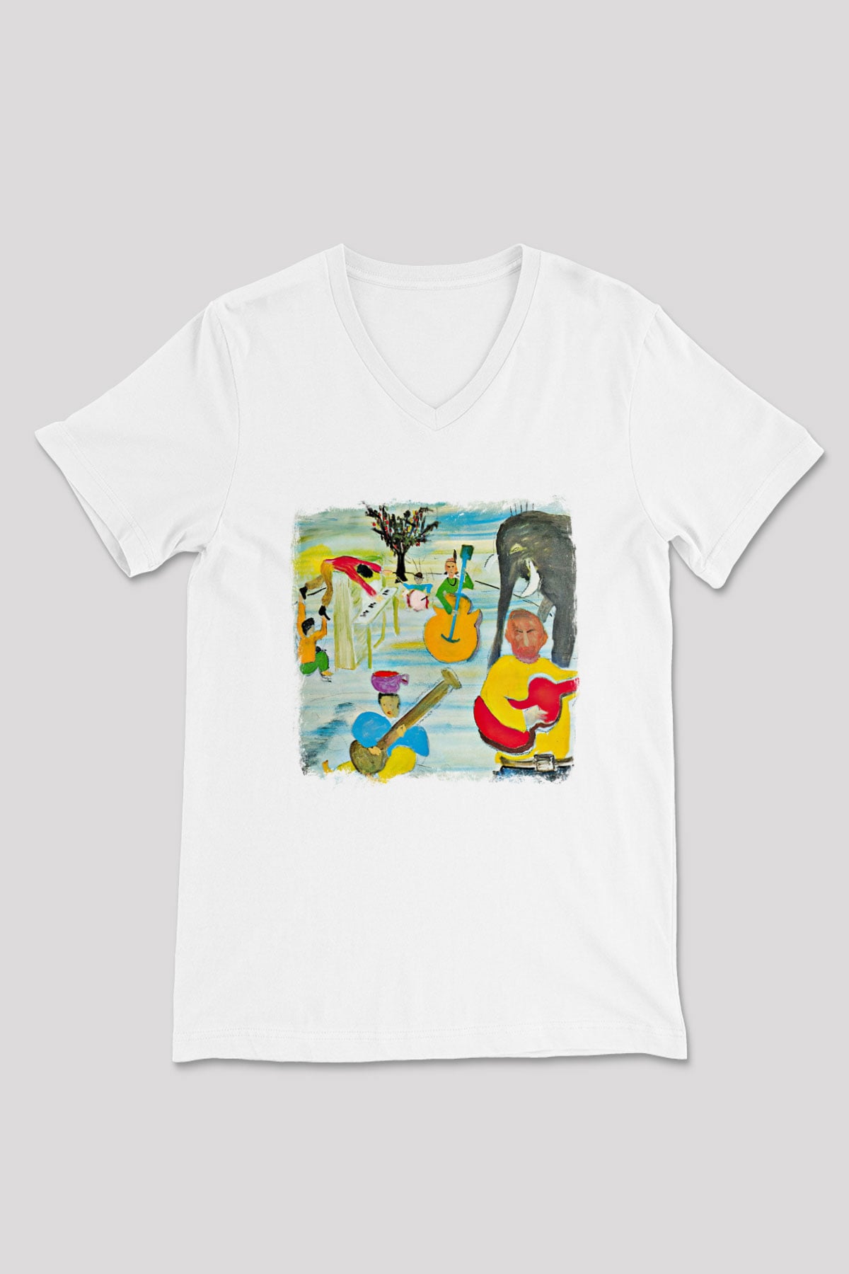 Band Baskılı Unisex Beyaz V Yaka Tişört