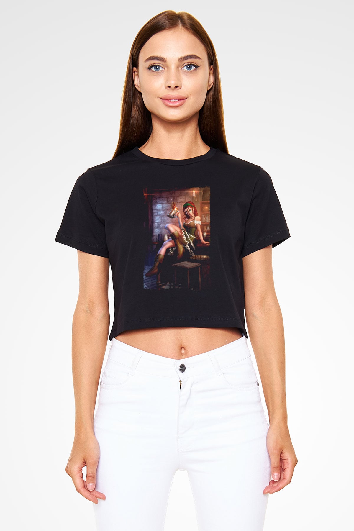 Barmaid Siyah  Crop Top Tişört