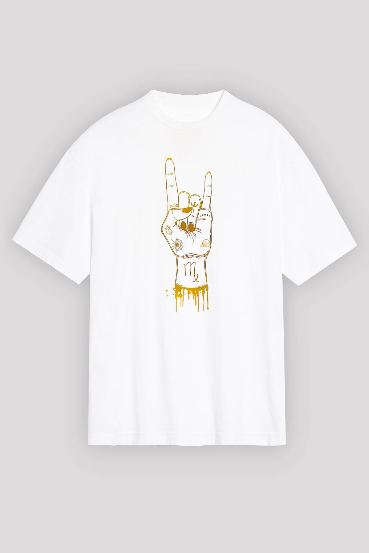 Başak Burcu Baskılı Beyaz Unisex Oversize Tişört - Tshirt