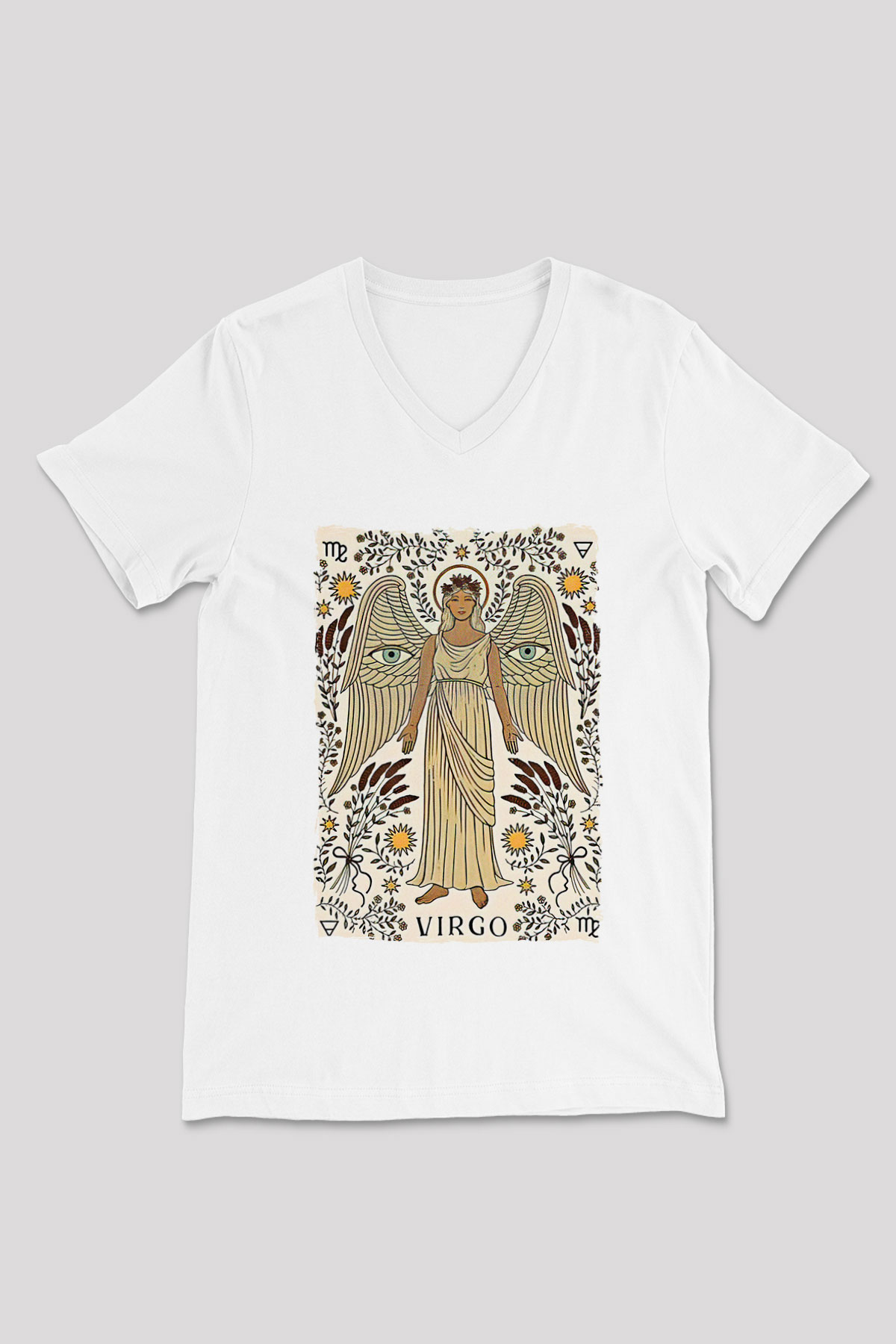 Başak Burcu Baskılı Beyaz Unisex V Yaka Tişört - Tshirt