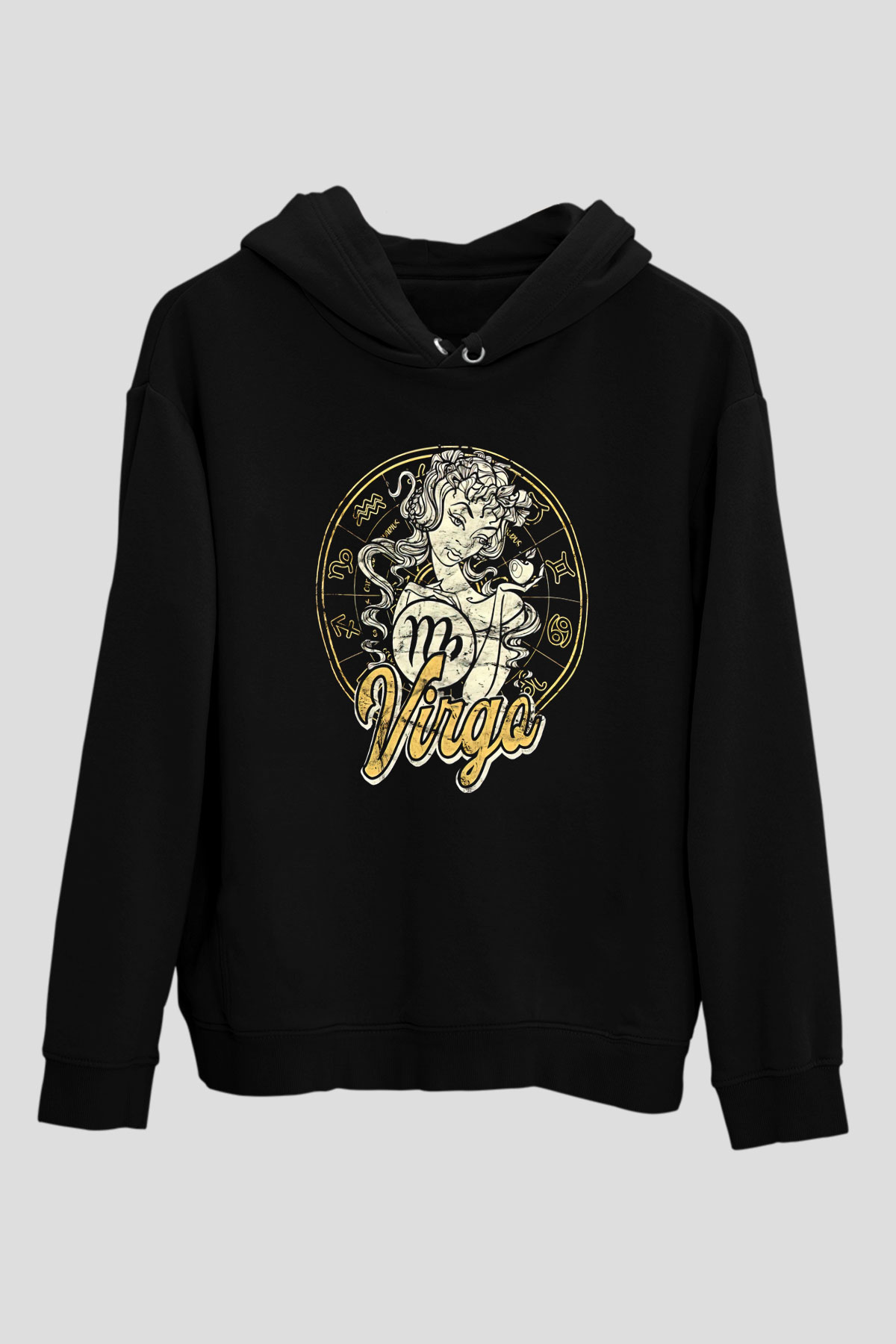 Başak Burcu Baskılı Unisex Siyah Hoodie