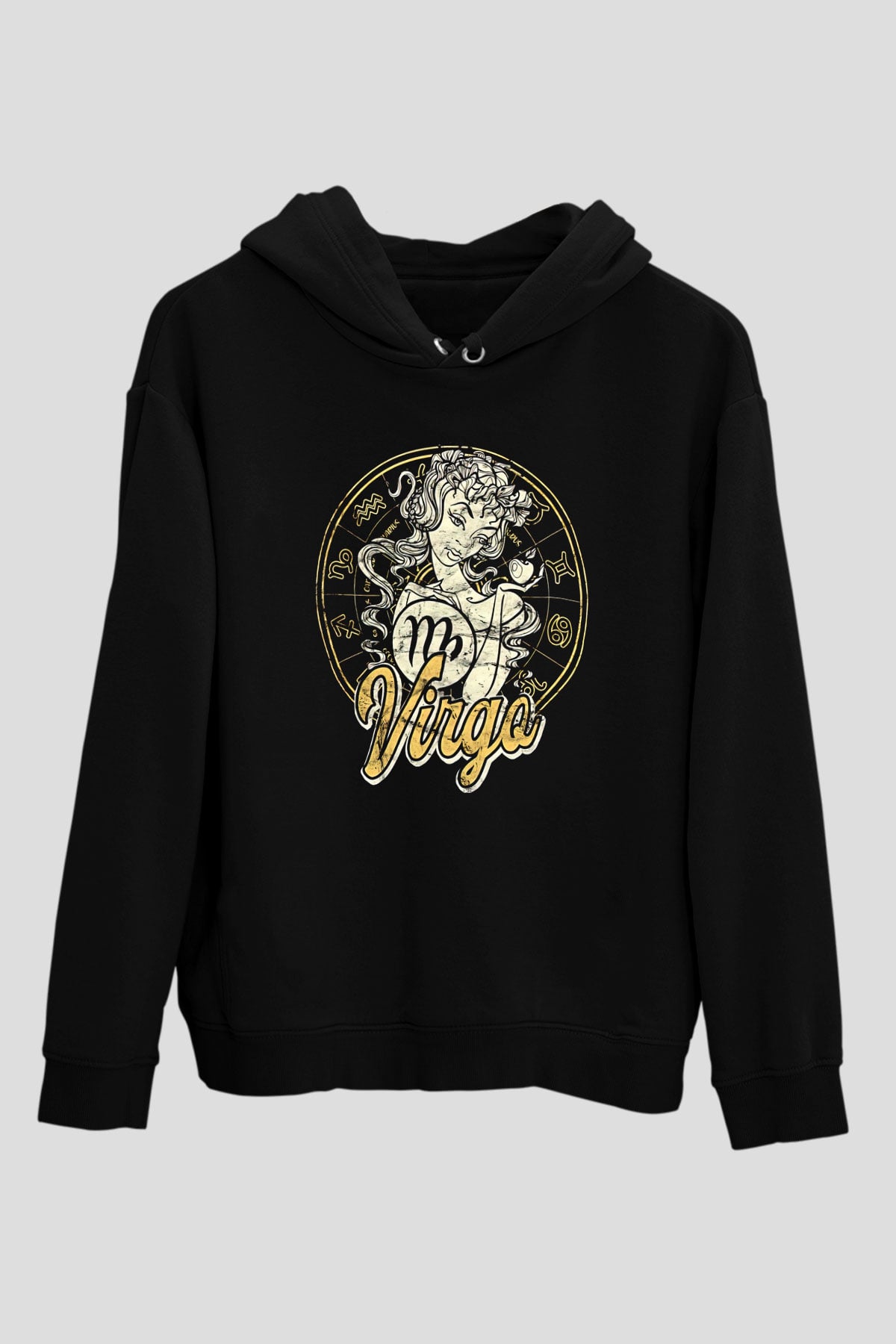 Başak Burcu Baskılı Unisex Siyah Hoodie