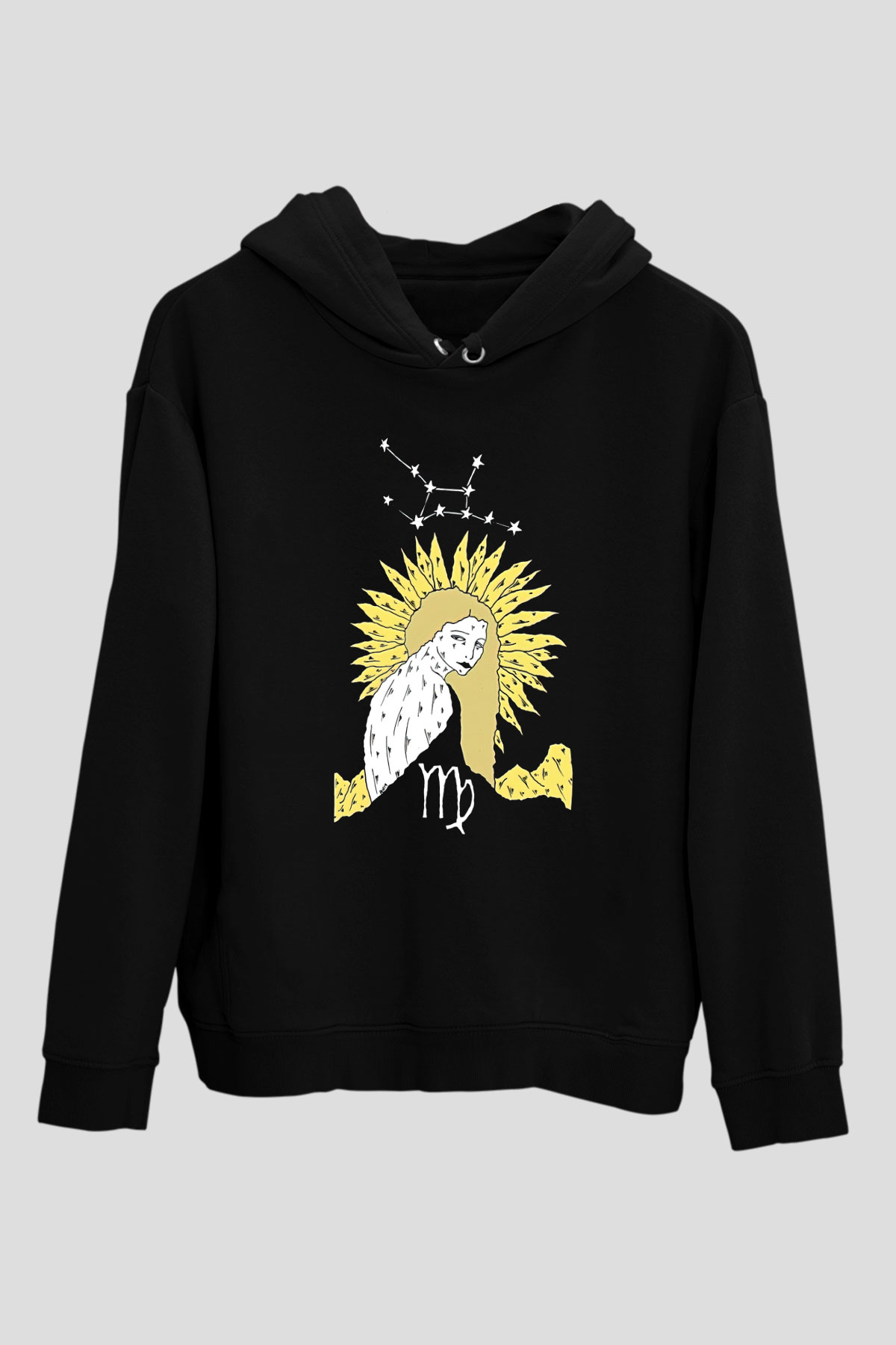 Başak Burcu Baskılı Unisex Siyah Hoodie
