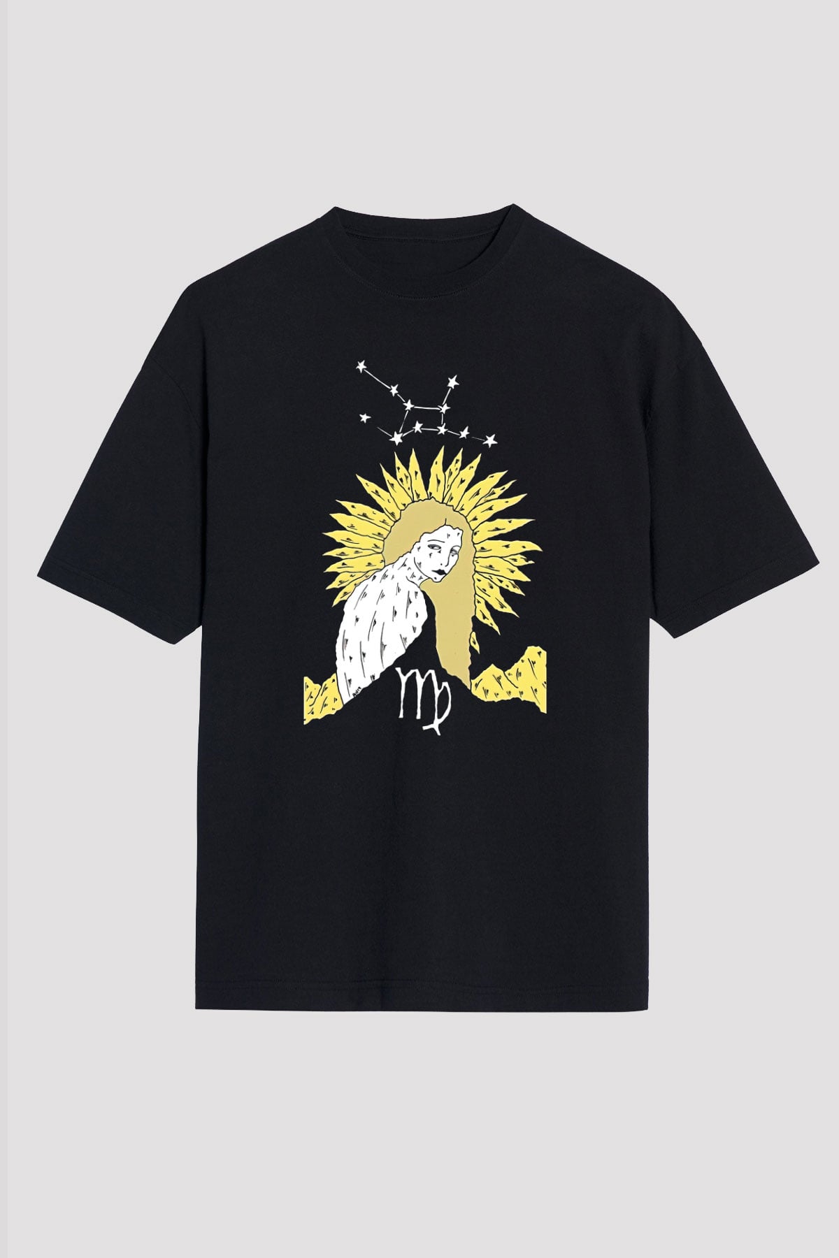 Başak Burcu Baskılı Unisex Siyah Oversize Tişört - Tshirt