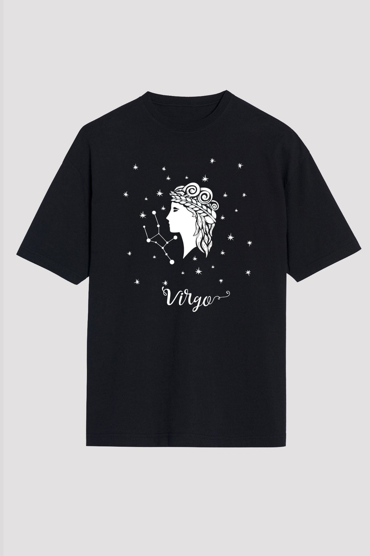 Başak Burcu Baskılı Unisex Siyah Oversize Tişört - Tshirt