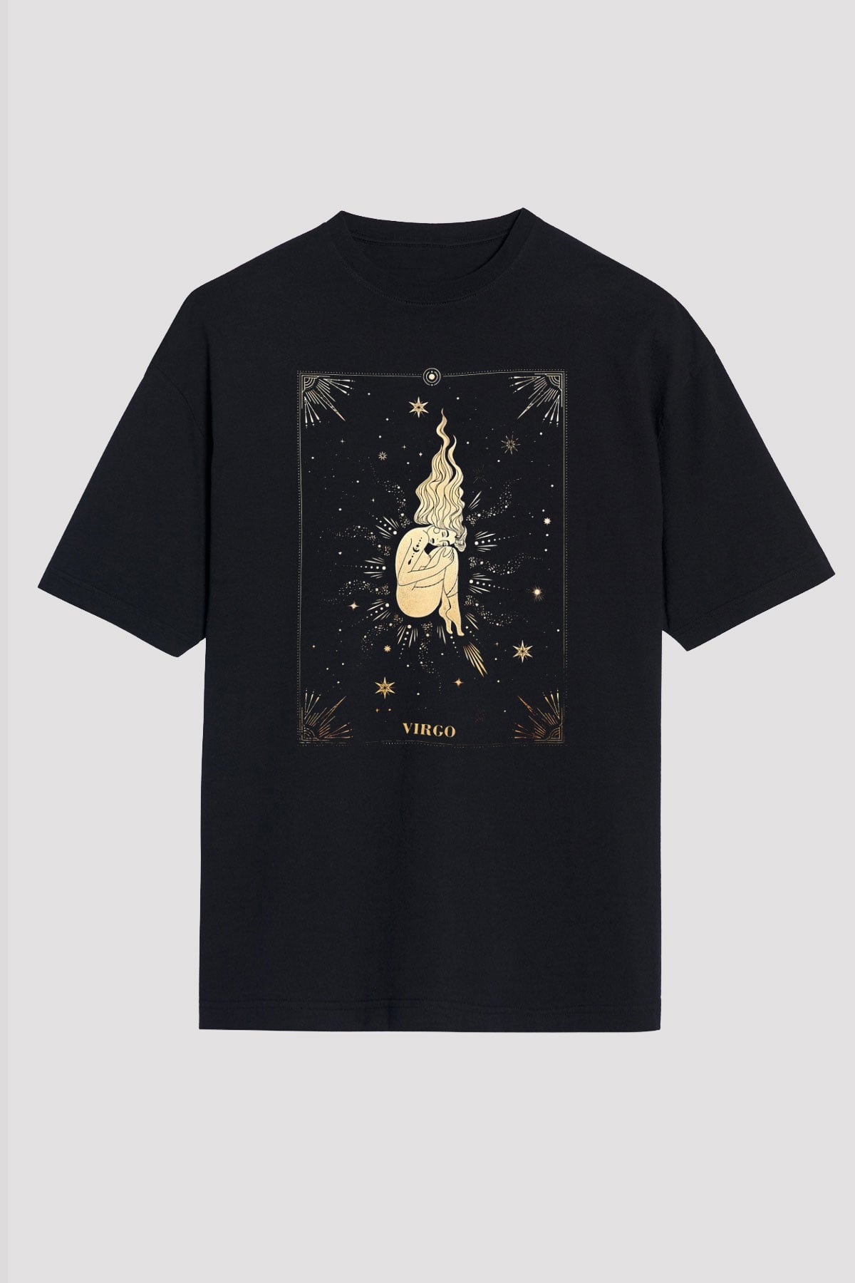 Başak Burcu Baskılı Unisex Siyah Oversize Tişört - Tshirt