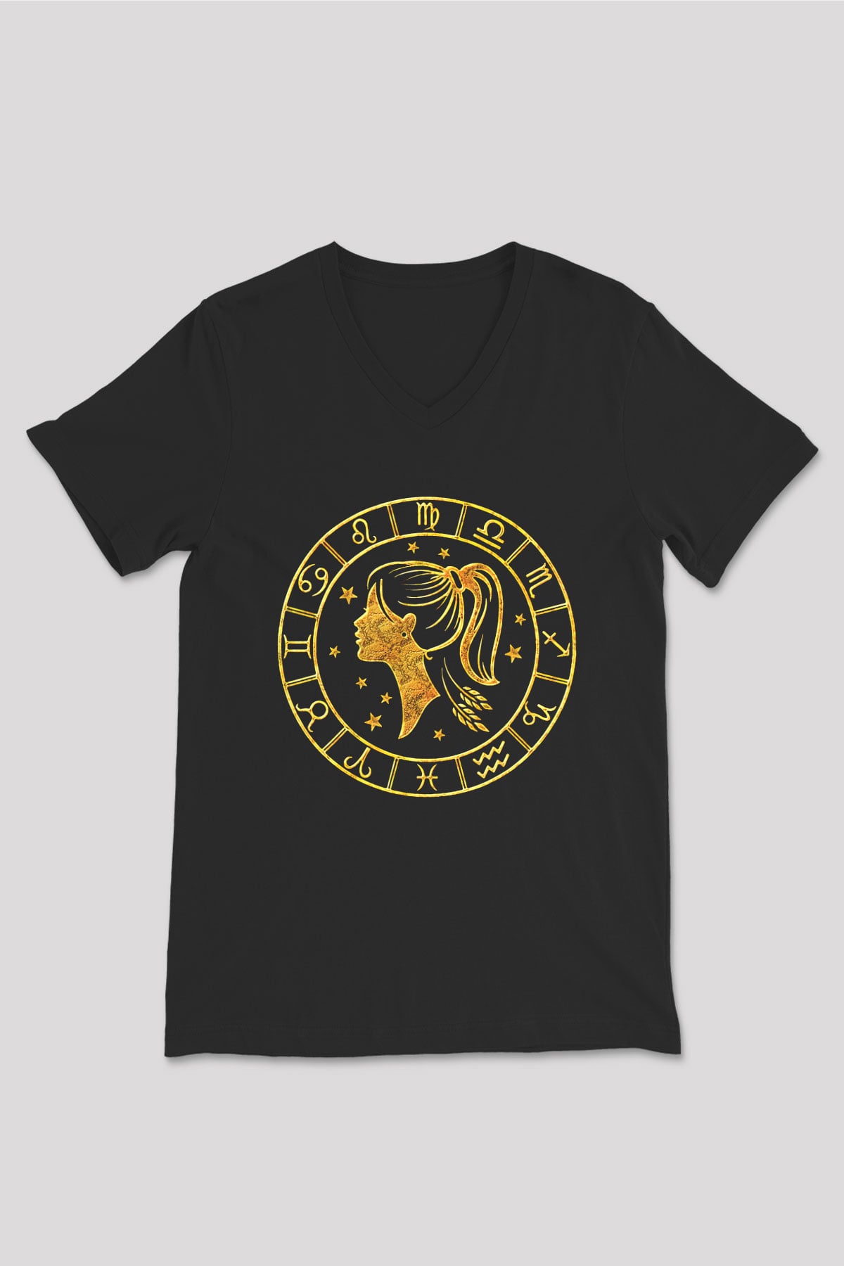 Başak Burcu Baskılı Unisex Siyah V Yaka Tişört - Tshirt