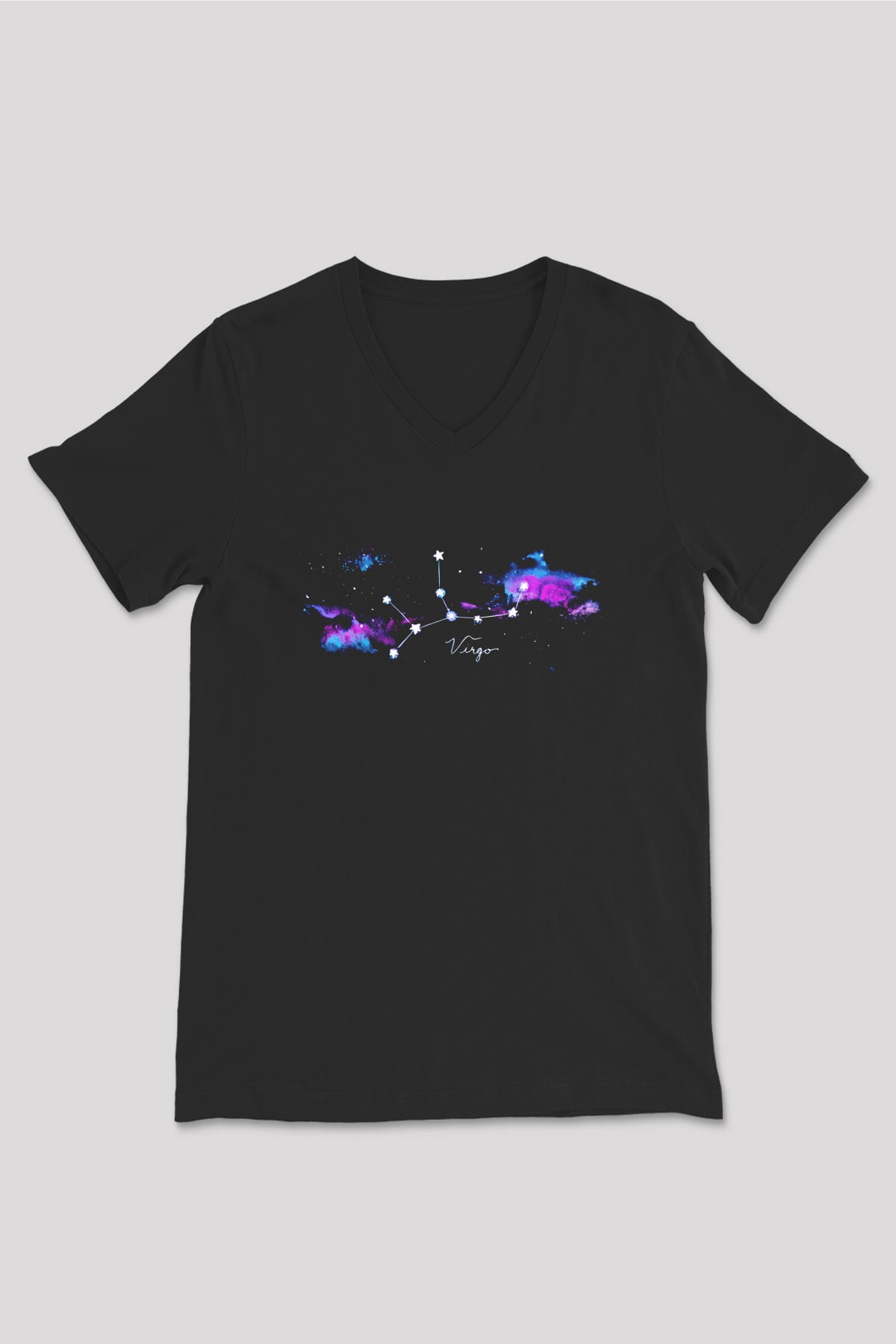 Başak Burcu Baskılı Unisex Siyah V Yaka Tişört - Tshirt