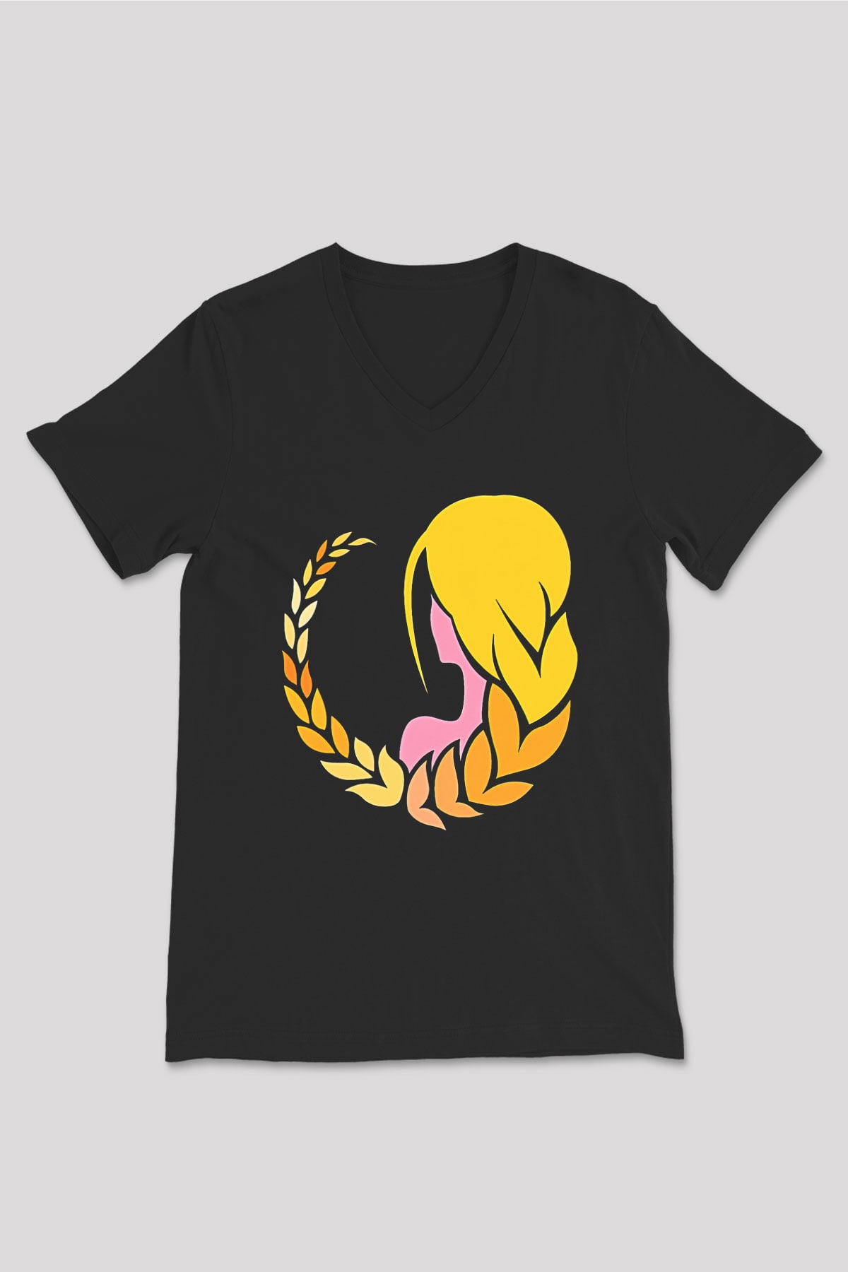 Başak Burcu Baskılı Unisex Siyah V Yaka Tişört - Tshirt
