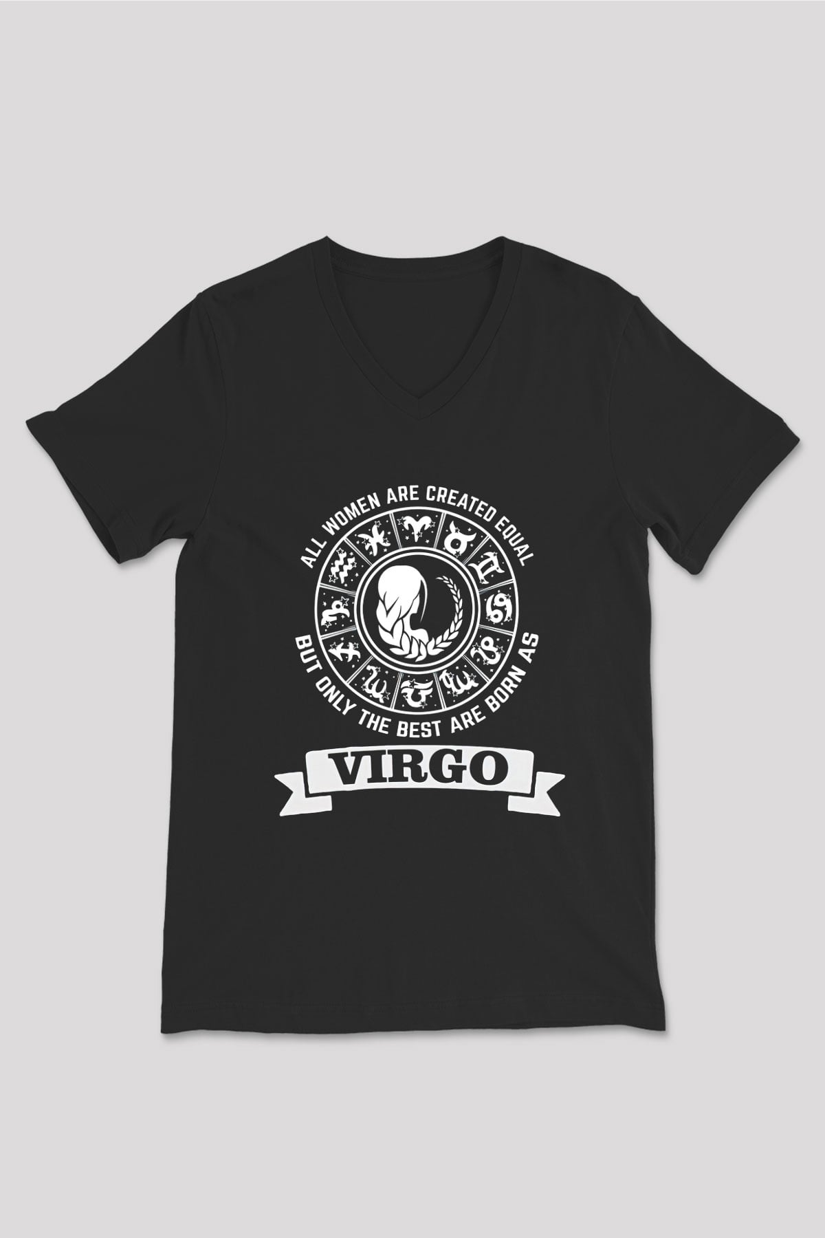Başak Burcu Baskılı Unisex Siyah V Yaka Tişört - Tshirt