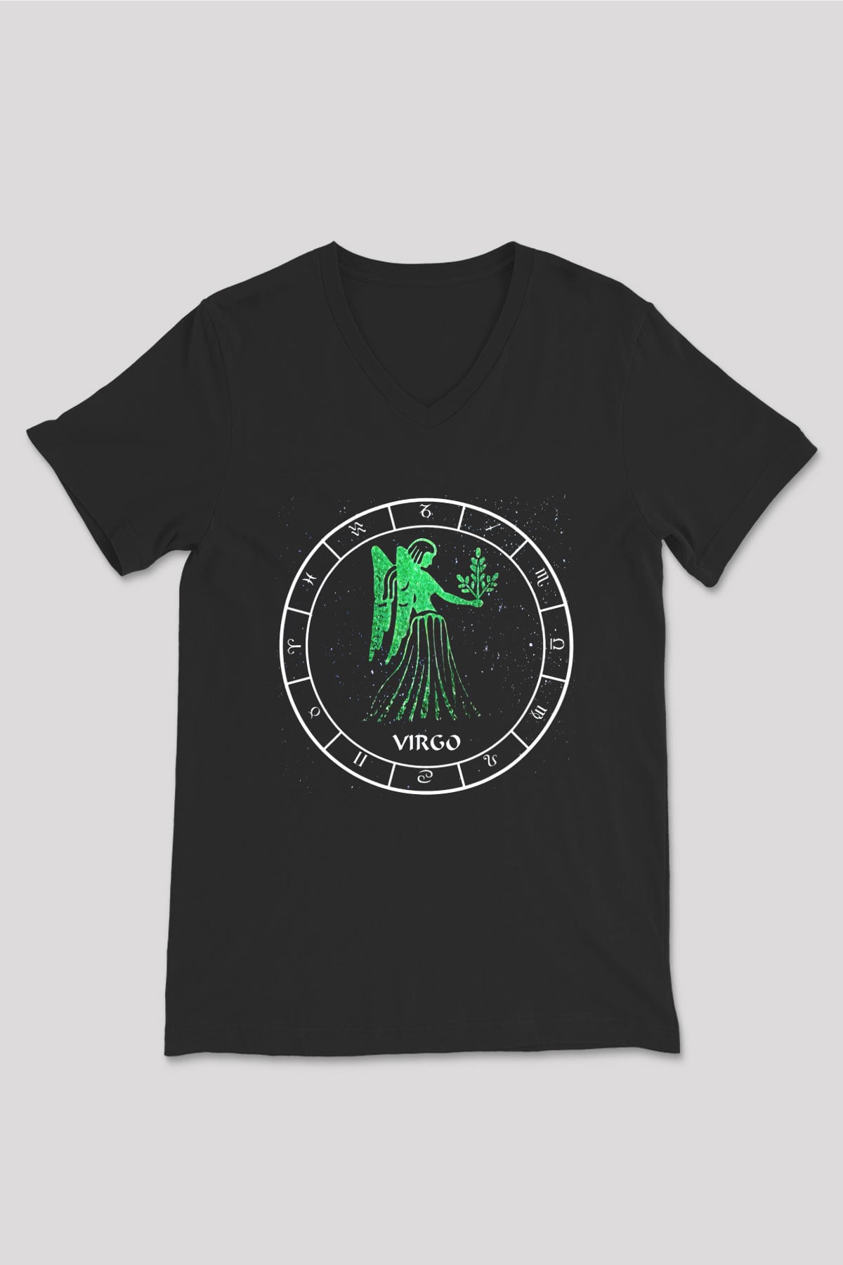 Başak Burcu Baskılı Unisex Siyah V Yaka Tişört - Tshirt