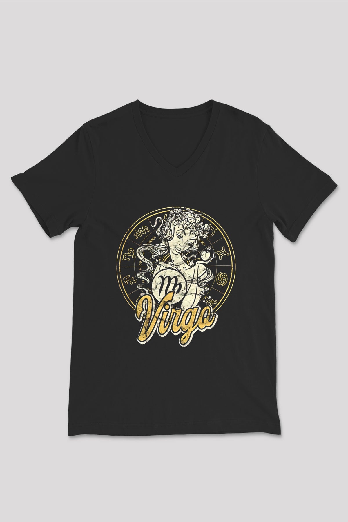 Başak Burcu Baskılı Unisex Siyah V Yaka Tişört - Tshirt