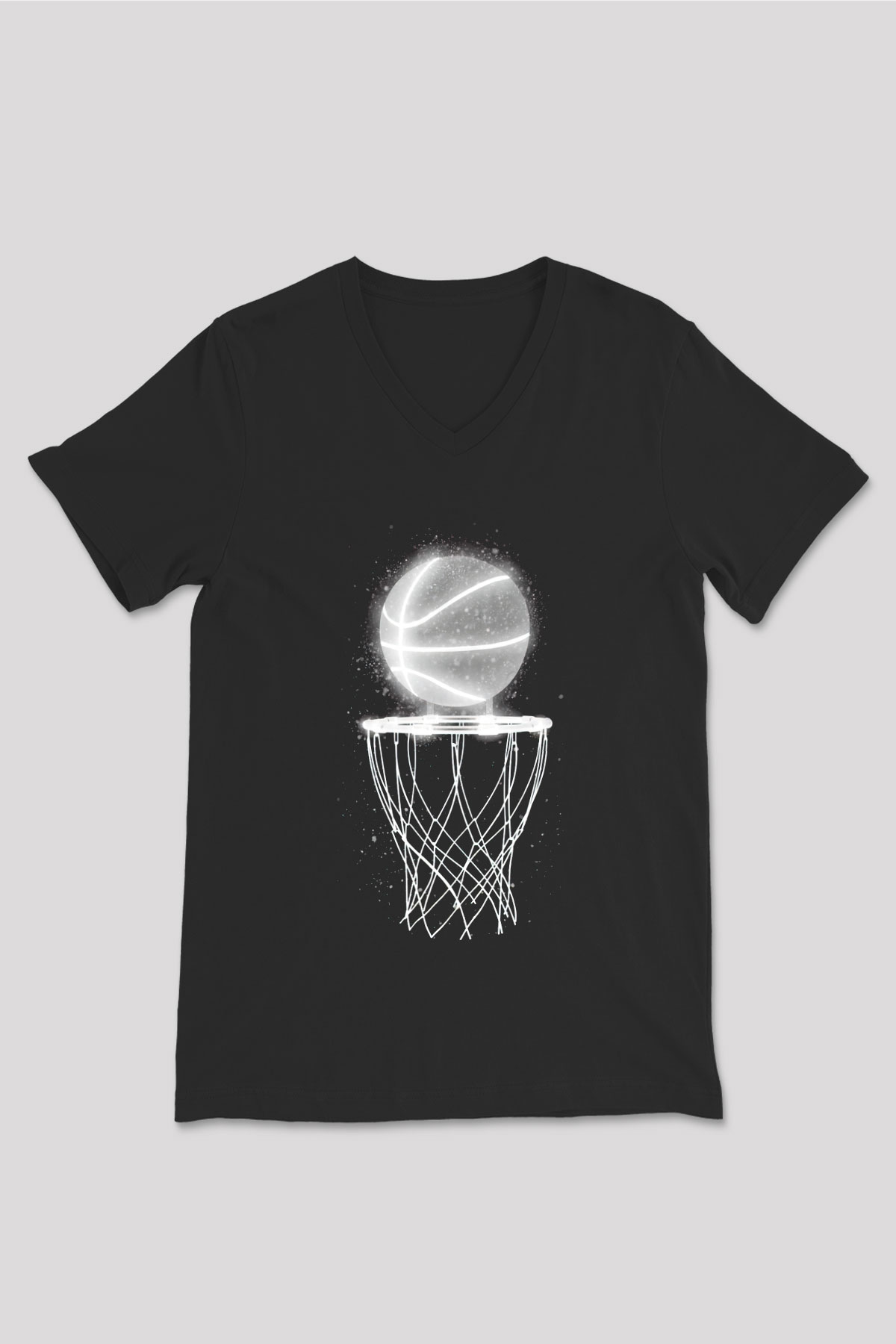 Basketbol Baskılı Unisex Siyah  V Yaka Tişört