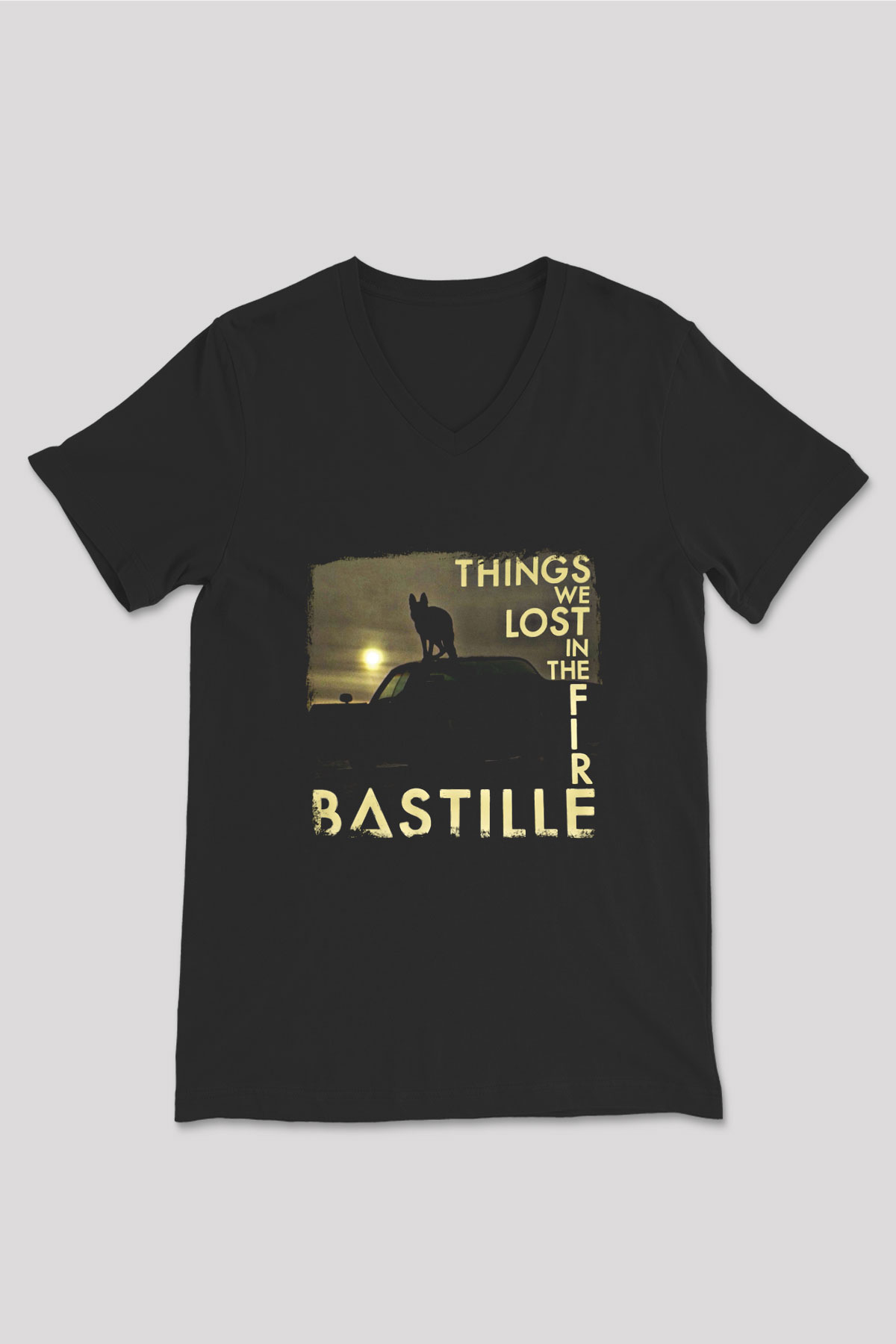 Bastille Baskılı Unisex Siyah V Yaka Tişört