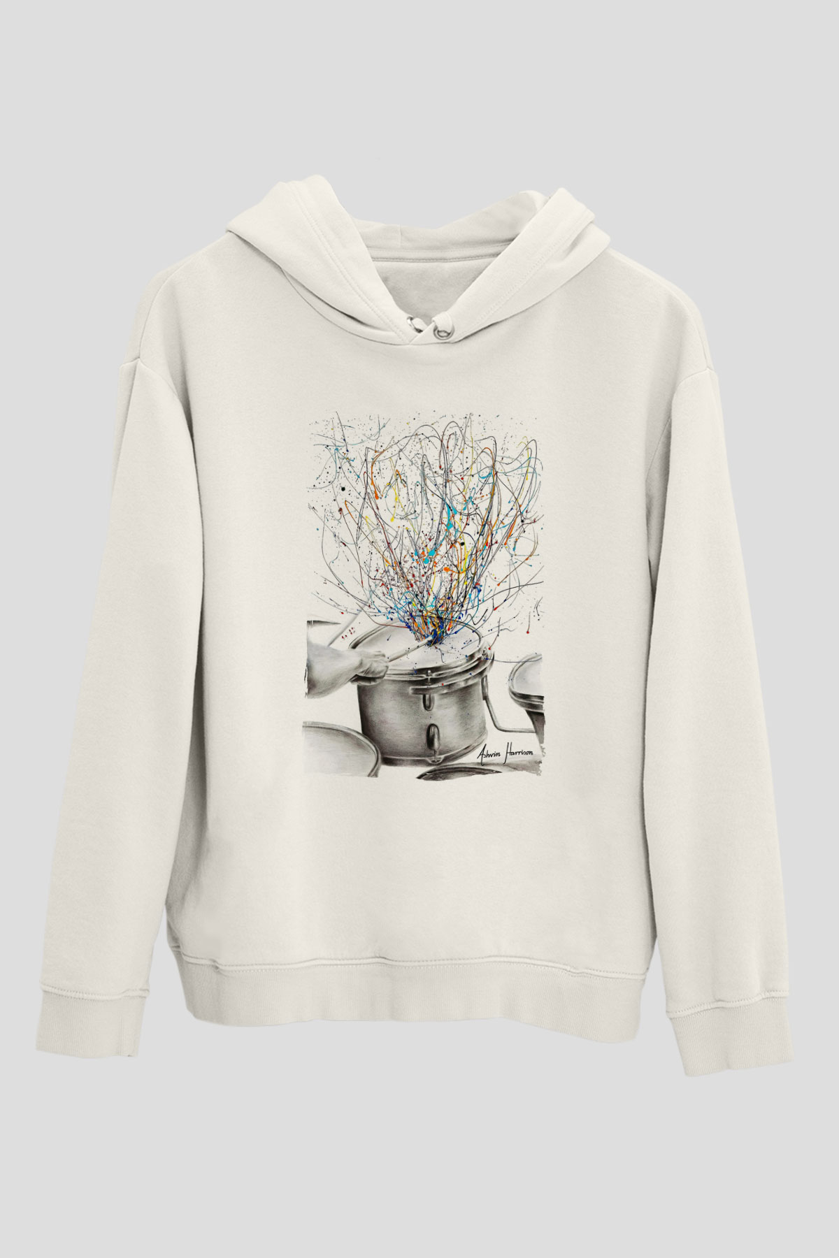 Bateri Baskılı Beyaz Unisex Hoodie