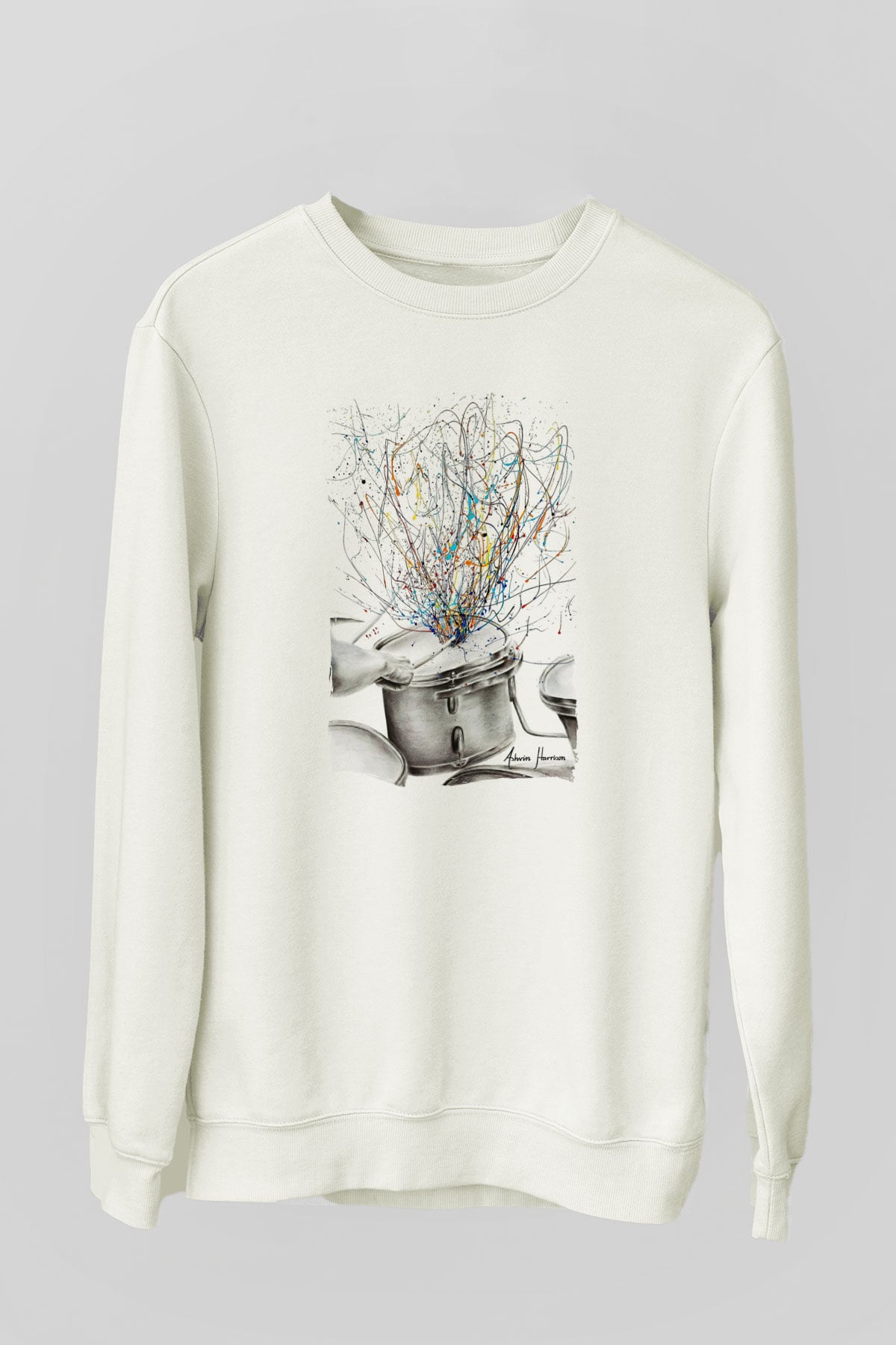 Bateri Baskılı Beyaz Unisex Sweatshirt