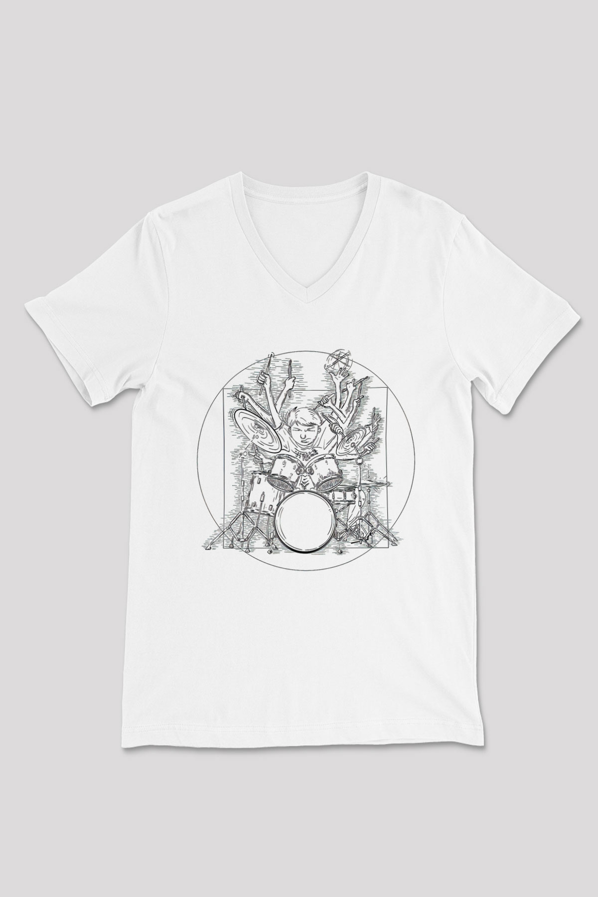 Bateri Baskılı Beyaz Unisex V Yaka Tişört - Tshirt