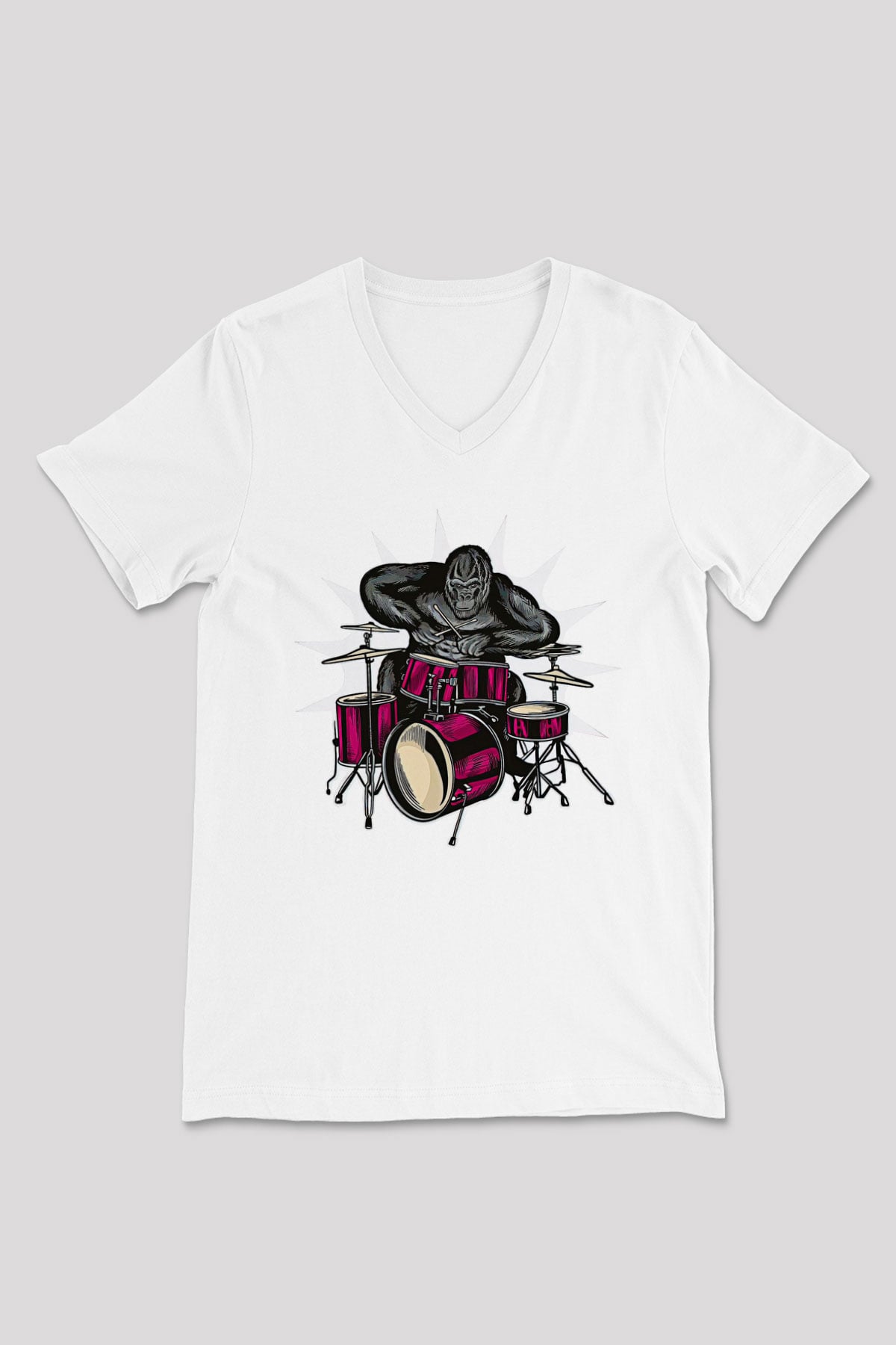 Bateri Baskılı Beyaz Unisex V Yaka Tişört - Tshirt