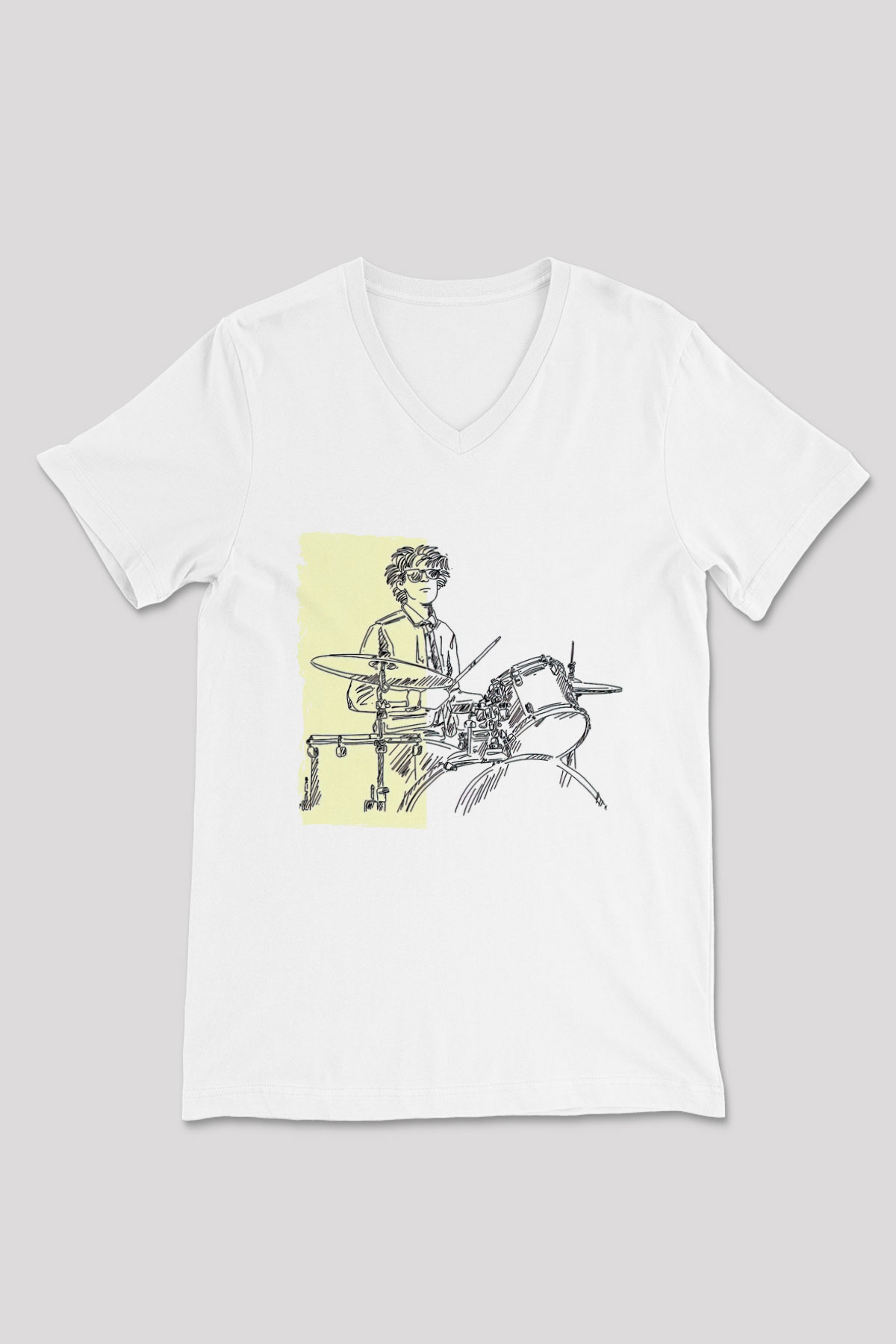 Bateri Baskılı Beyaz Unisex V Yaka Tişört - Tshirt