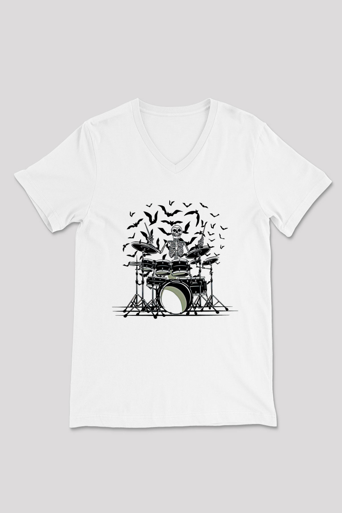Bateri Baskılı Beyaz Unisex V Yaka Tişört - Tshirt