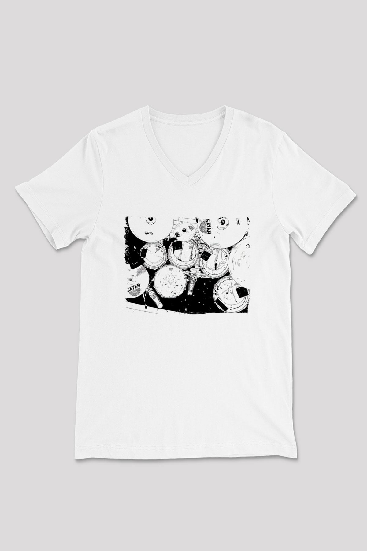 Bateri Baskılı Beyaz Unisex V Yaka Tişört - Tshirt