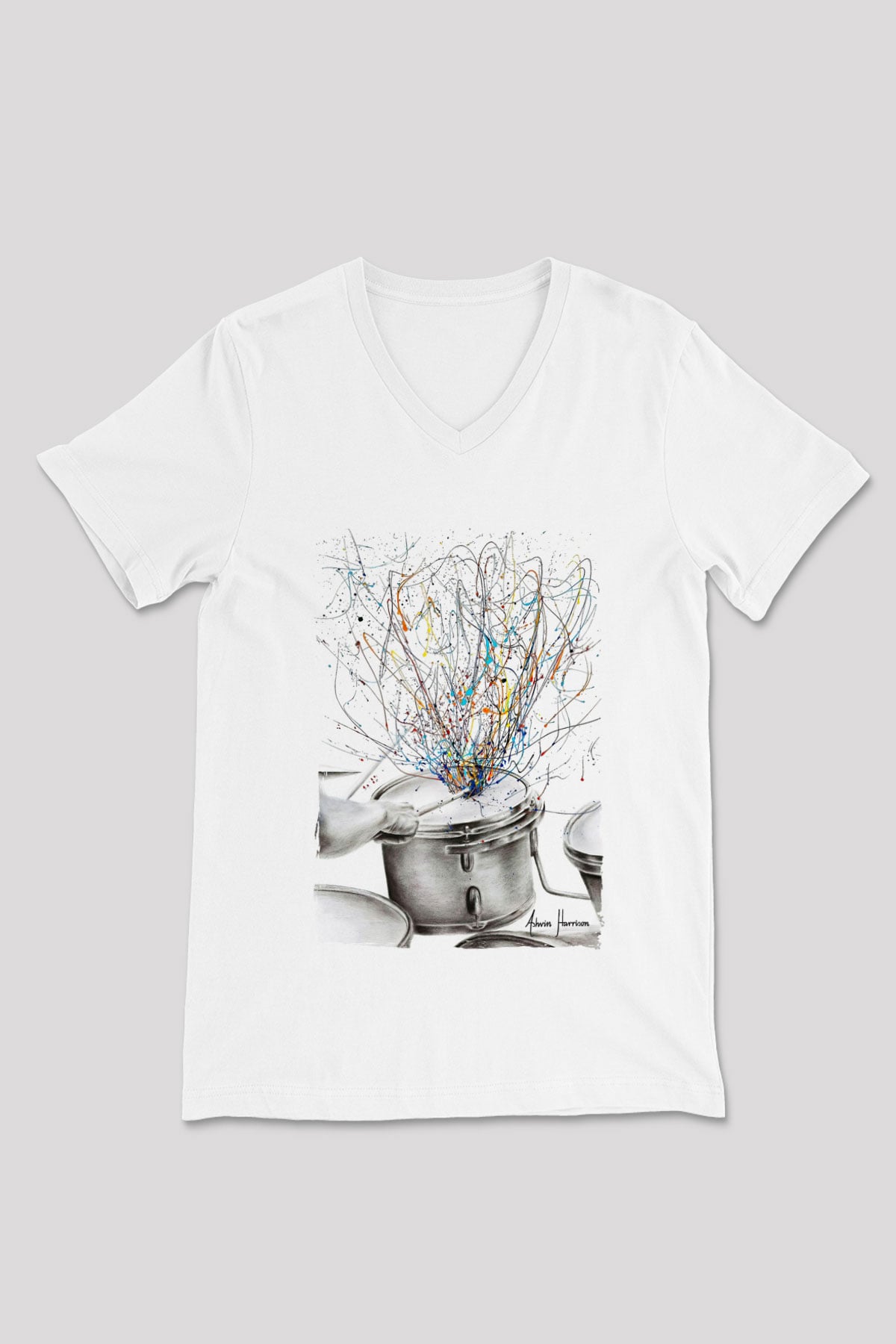 Bateri Baskılı Beyaz Unisex V Yaka Tişört - Tshirt