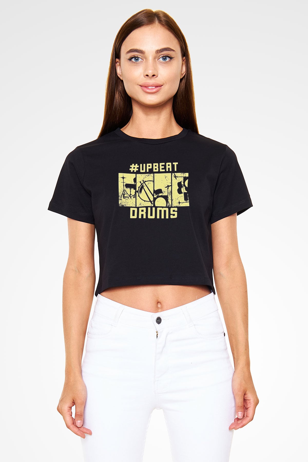 Bateri Baskılı Siyah Crop Top Kadın Tişört - Tshirt