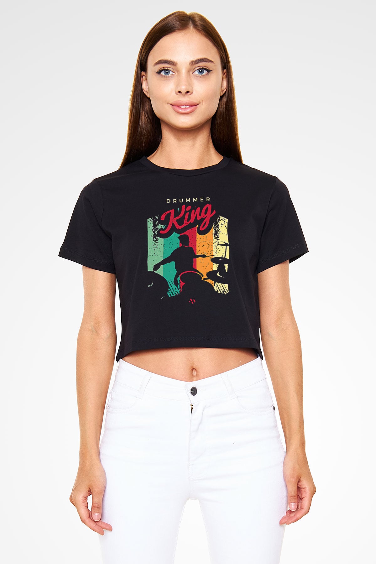 Bateri Baskılı Siyah Crop Top Kadın Tişört - Tshirt