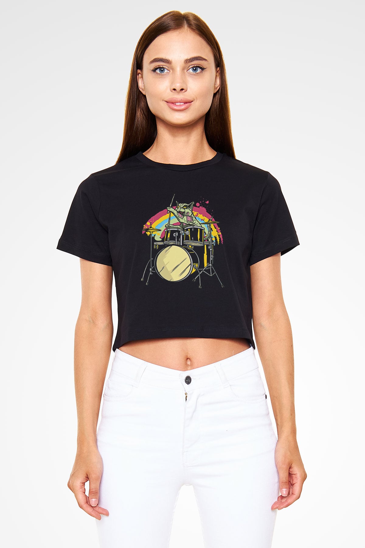 Bateri Baskılı Siyah Crop Top Kadın Tişört - Tshirt