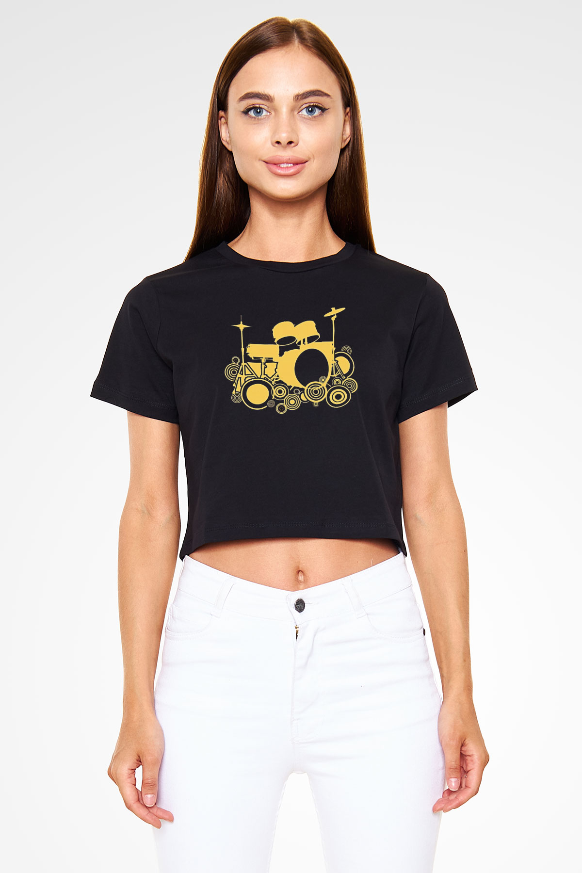 Bateri Baskılı Siyah Crop Top Kadın Tişört - Tshirt