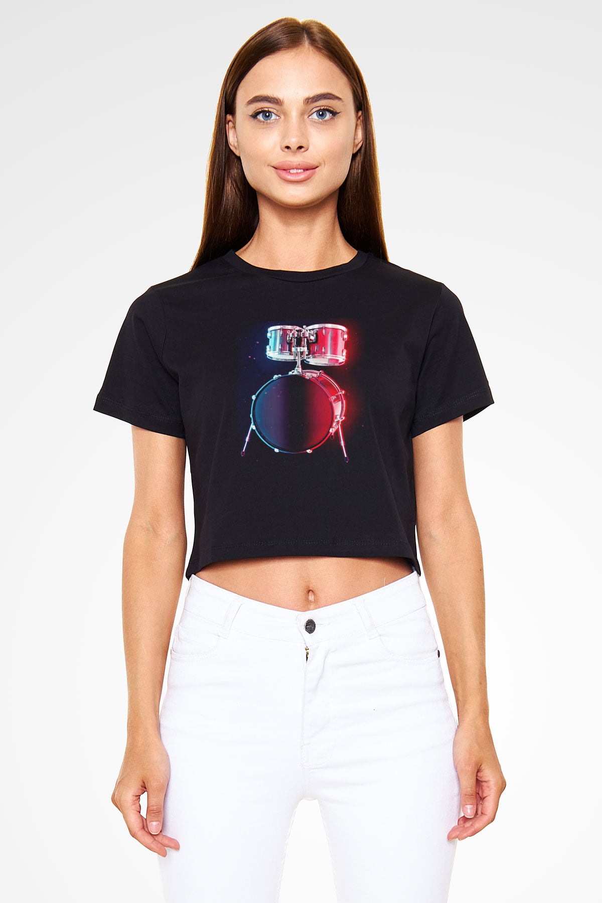 Bateri Baskılı Siyah Crop Top Kadın Tişört - Tshirt