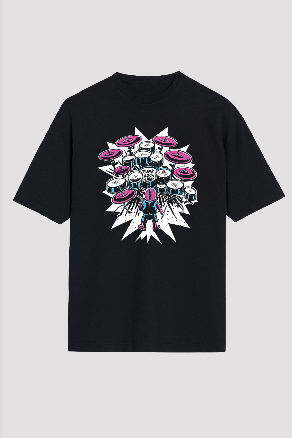 Bateri Baskılı Unisex Siyah Oversize Tişört - Tshirt