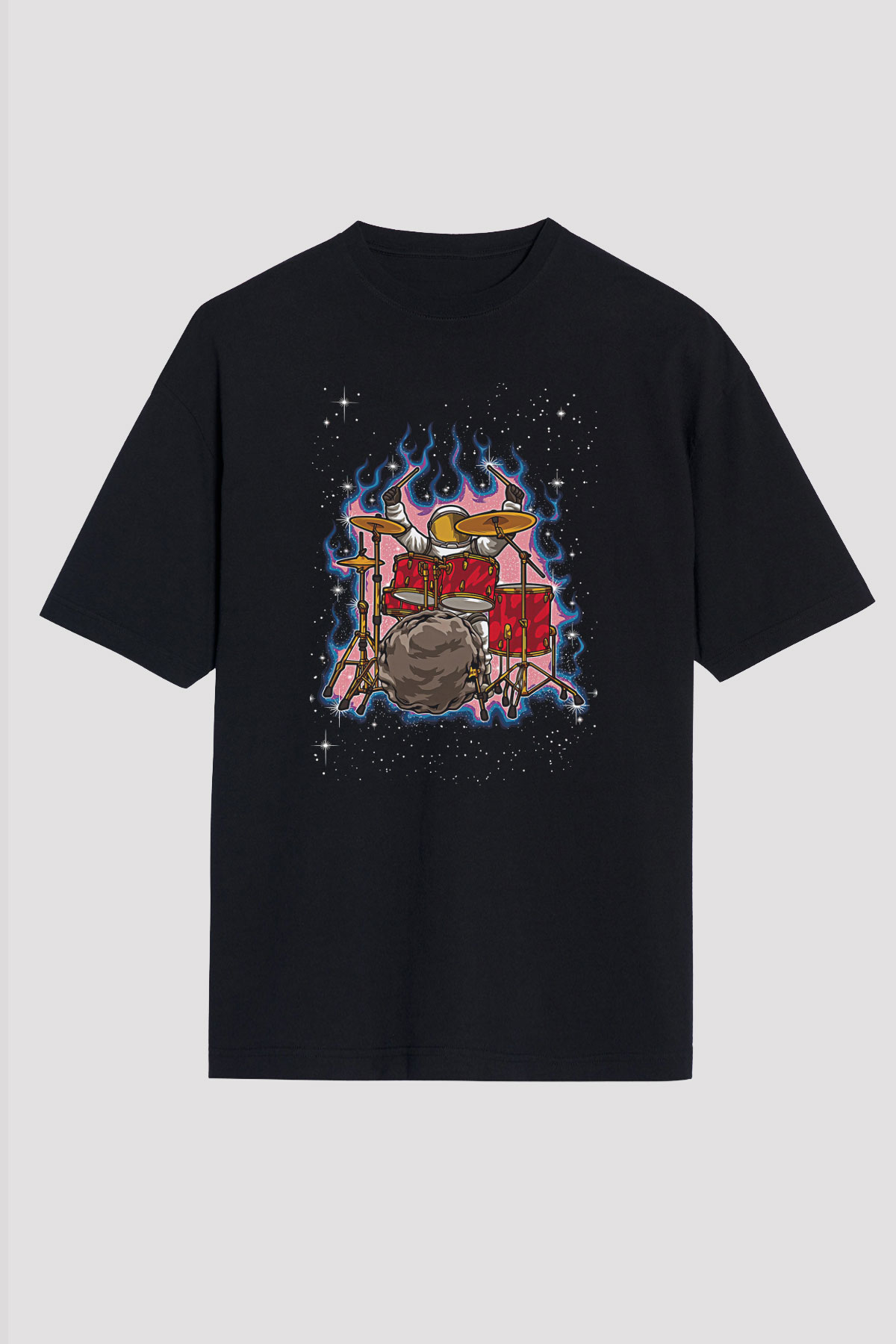 Bateri Baskılı Unisex Siyah Oversize Tişört - Tshirt