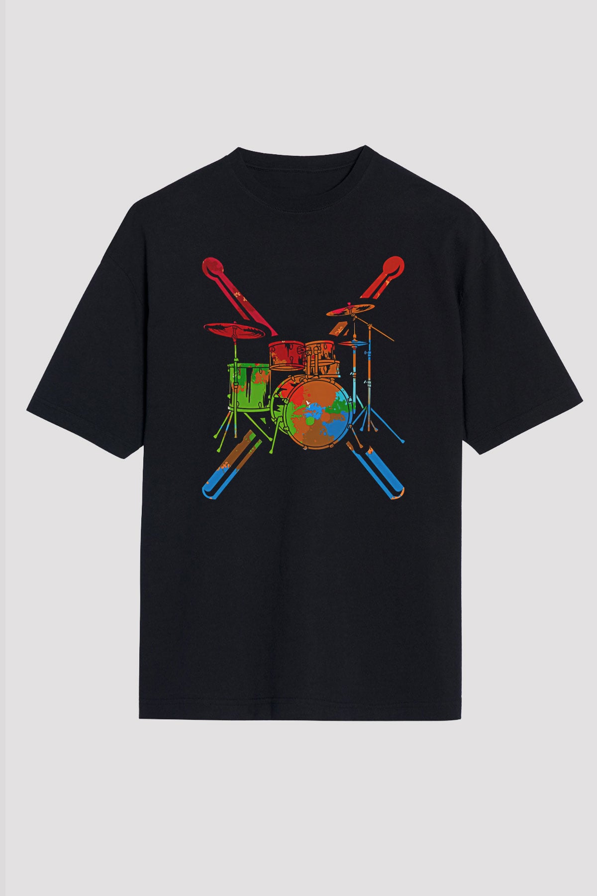 Bateri Baskılı Unisex Siyah Oversize Tişört - Tshirt