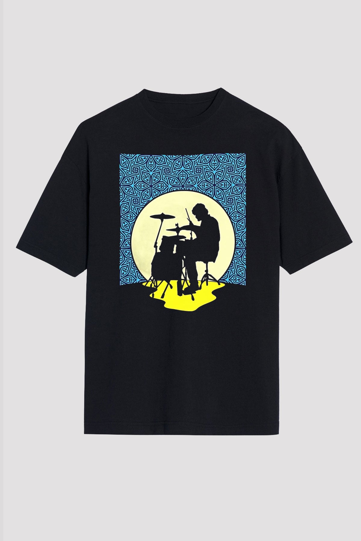 Bateri Baskılı Unisex Siyah Oversize Tişört - Tshirt