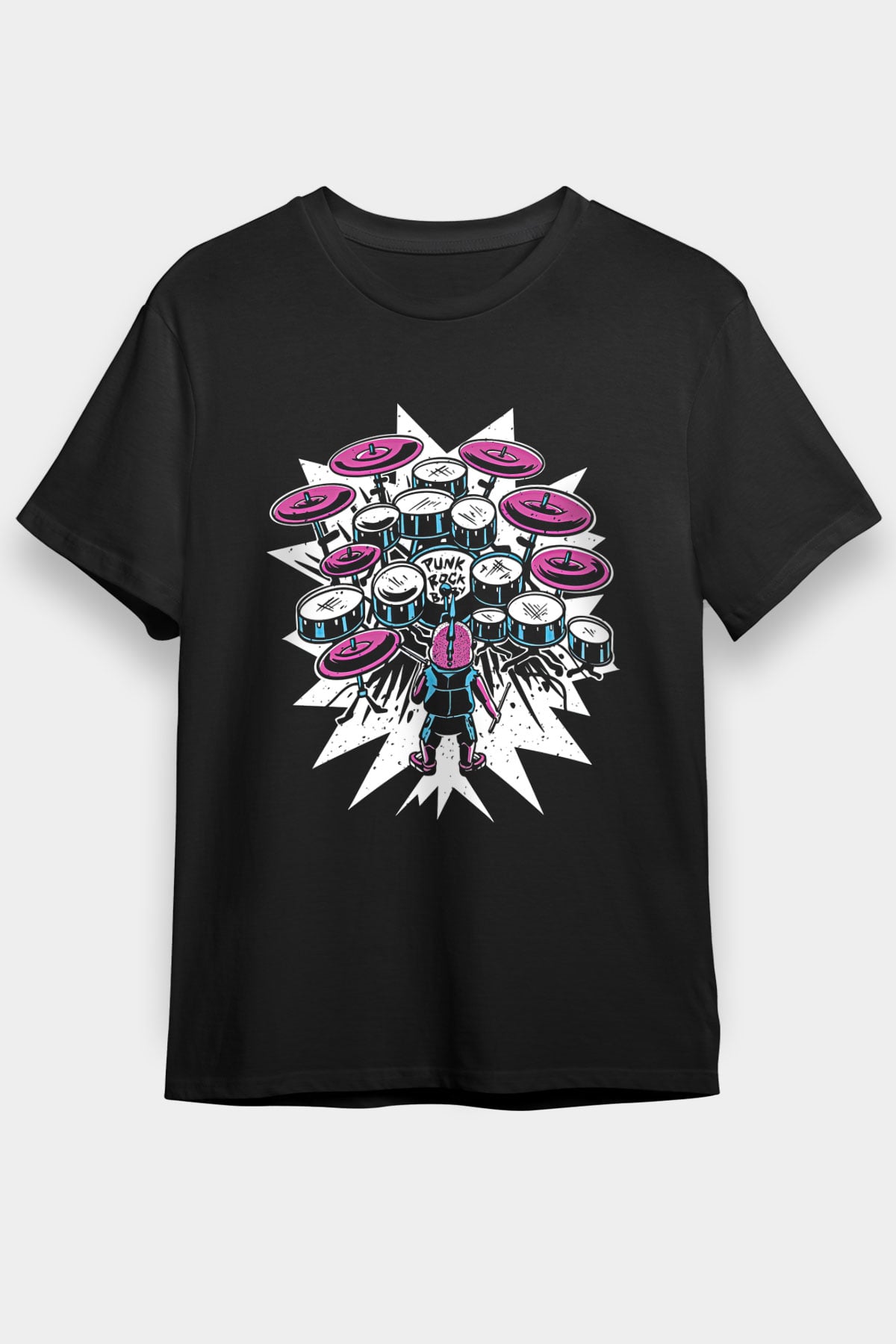 Bateri Baskılı Unisex Siyah Tişört - Tshirt