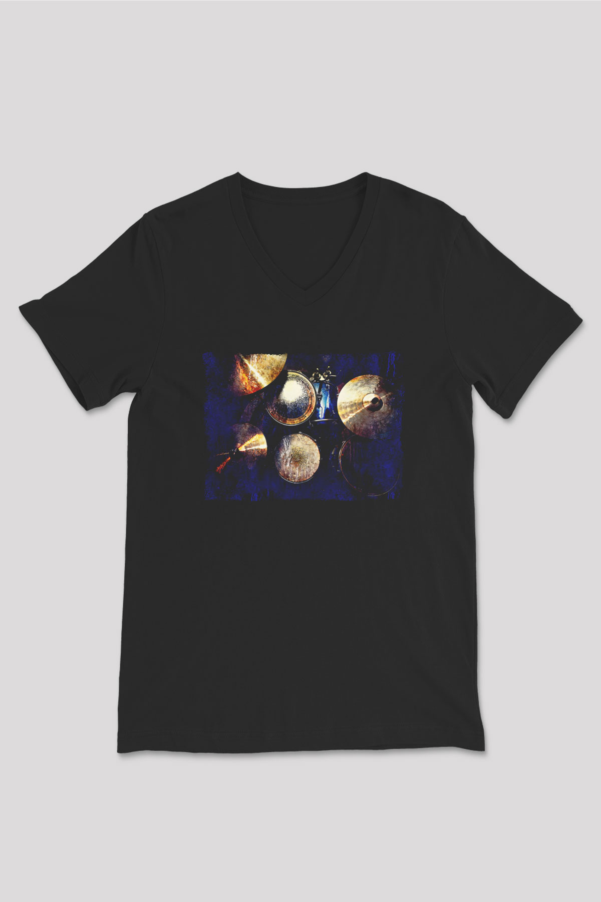 Bateri Baskılı Unisex Siyah V Yaka Tişört - Tshirt