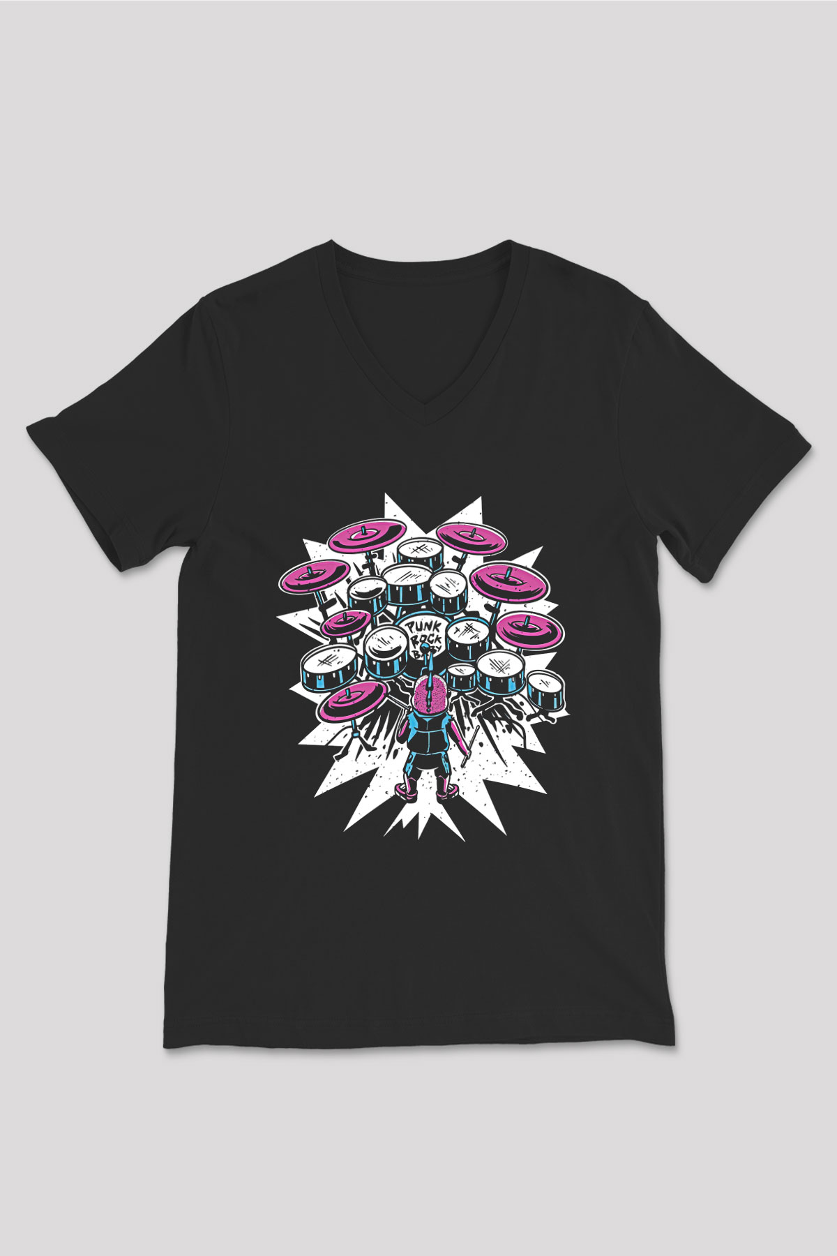 Bateri Baskılı Unisex Siyah V Yaka Tişört - Tshirt