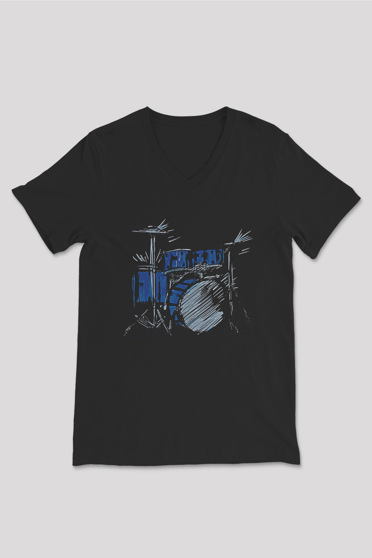 Bateri Baskılı Unisex Siyah V Yaka Tişört - Tshirt