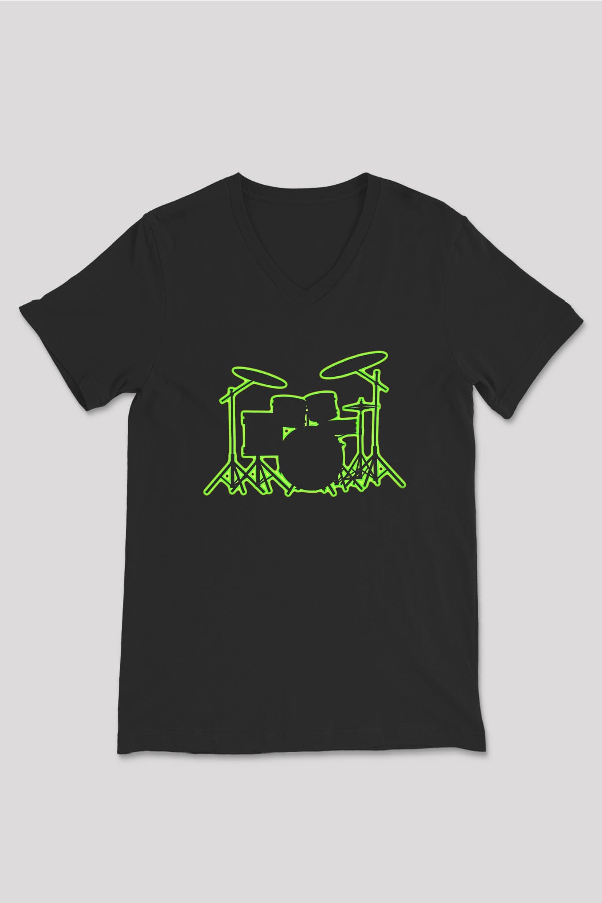 Bateri Baskılı Unisex Siyah V Yaka Tişört - Tshirt