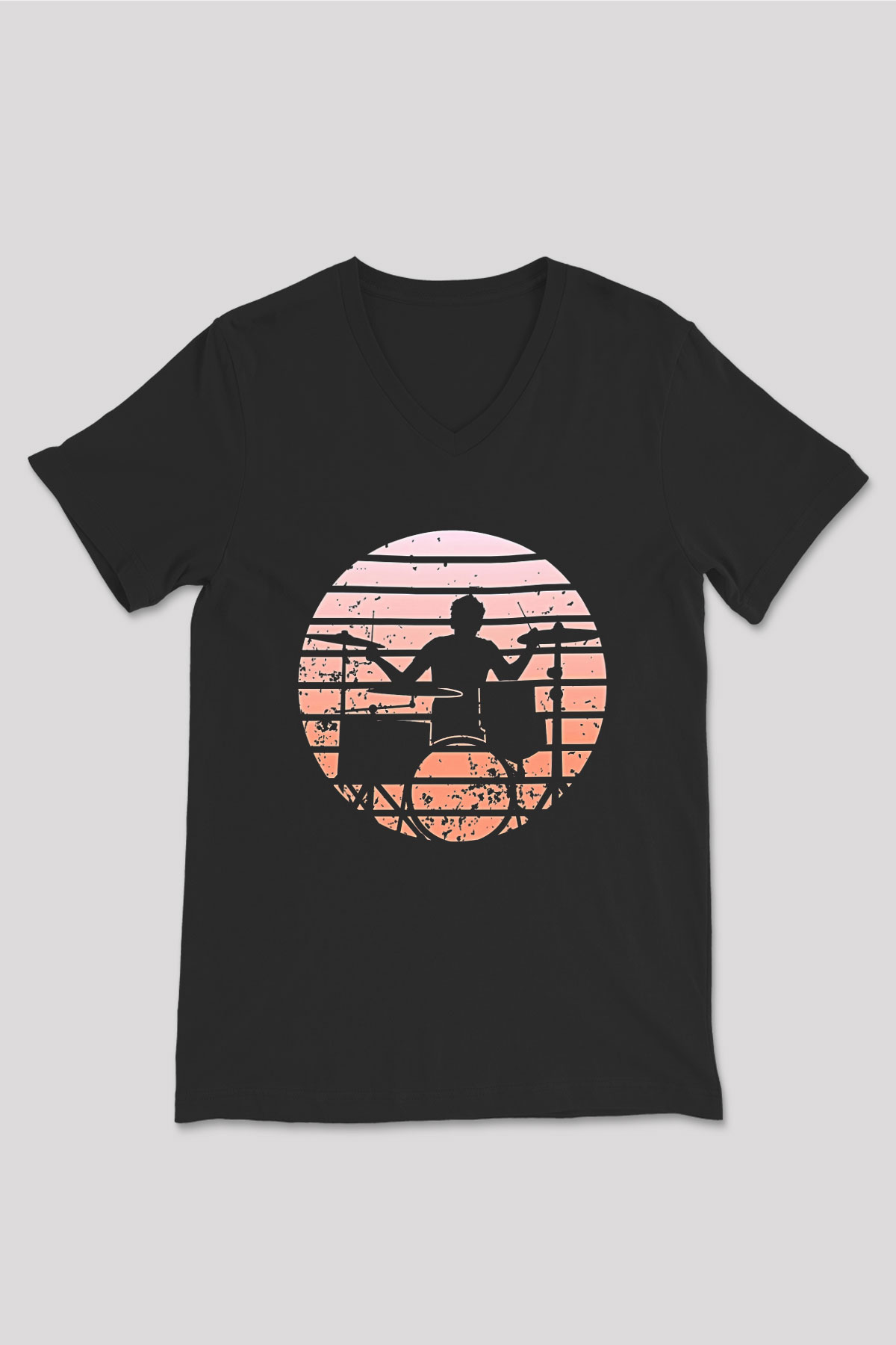 Bateri Baskılı Unisex Siyah V Yaka Tişört - Tshirt