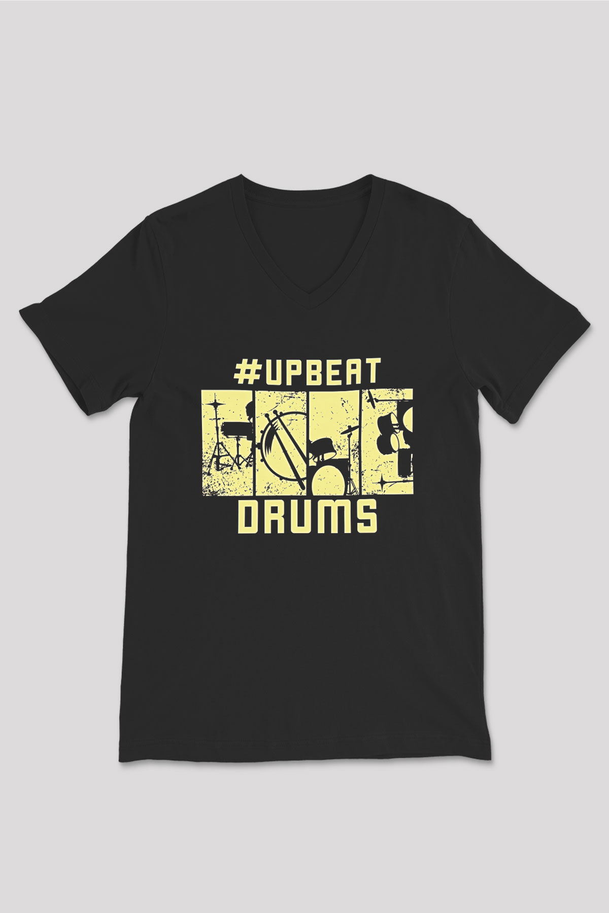 Bateri Baskılı Unisex Siyah V Yaka Tişört - Tshirt