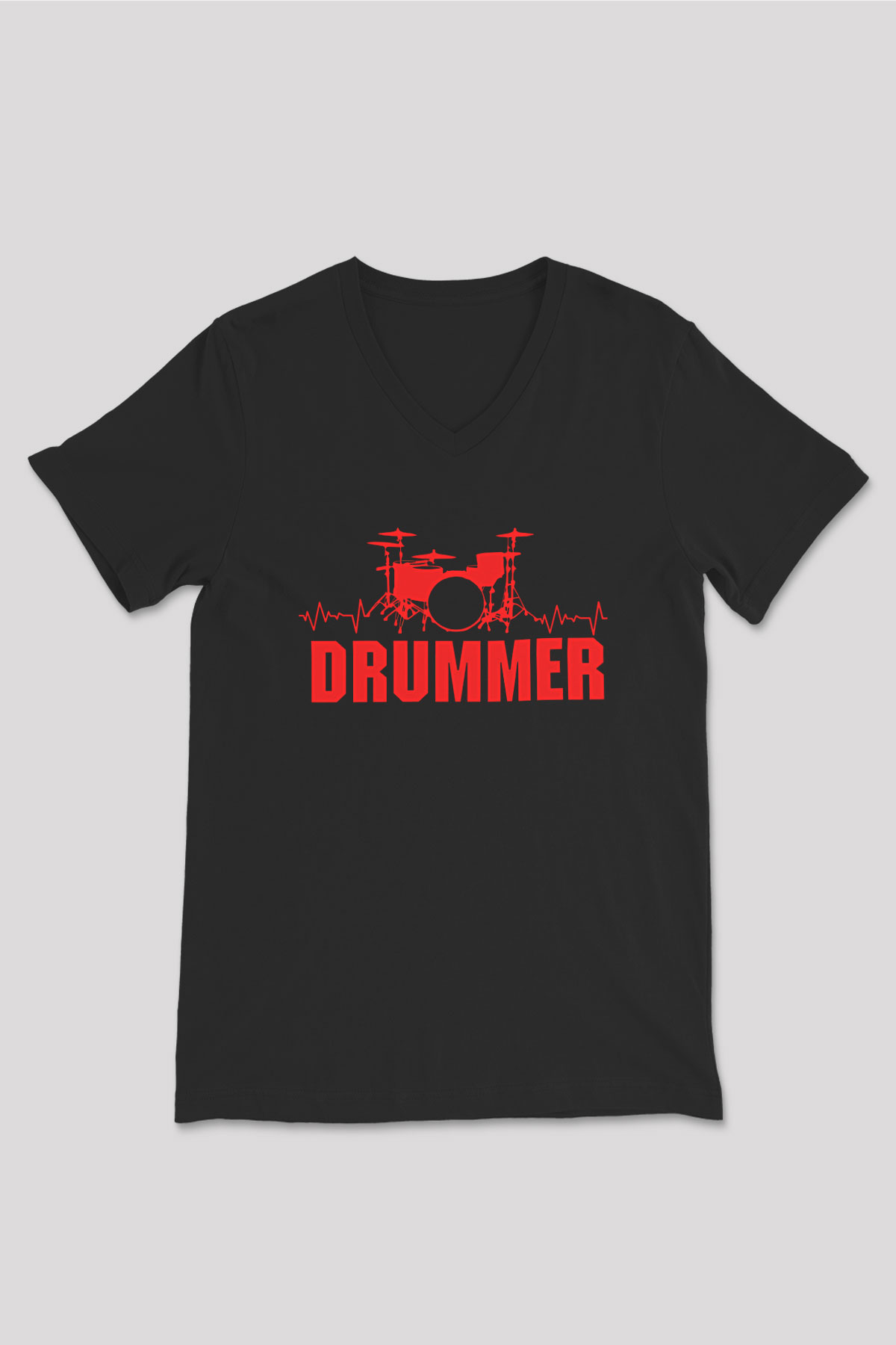 Bateri Baskılı Unisex Siyah V Yaka Tişört - Tshirt