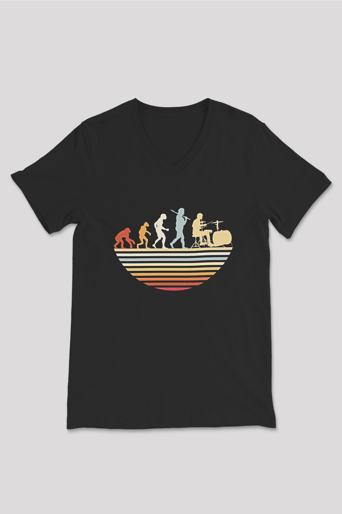 Bateri Baskılı Unisex Siyah V Yaka Tişört - Tshirt
