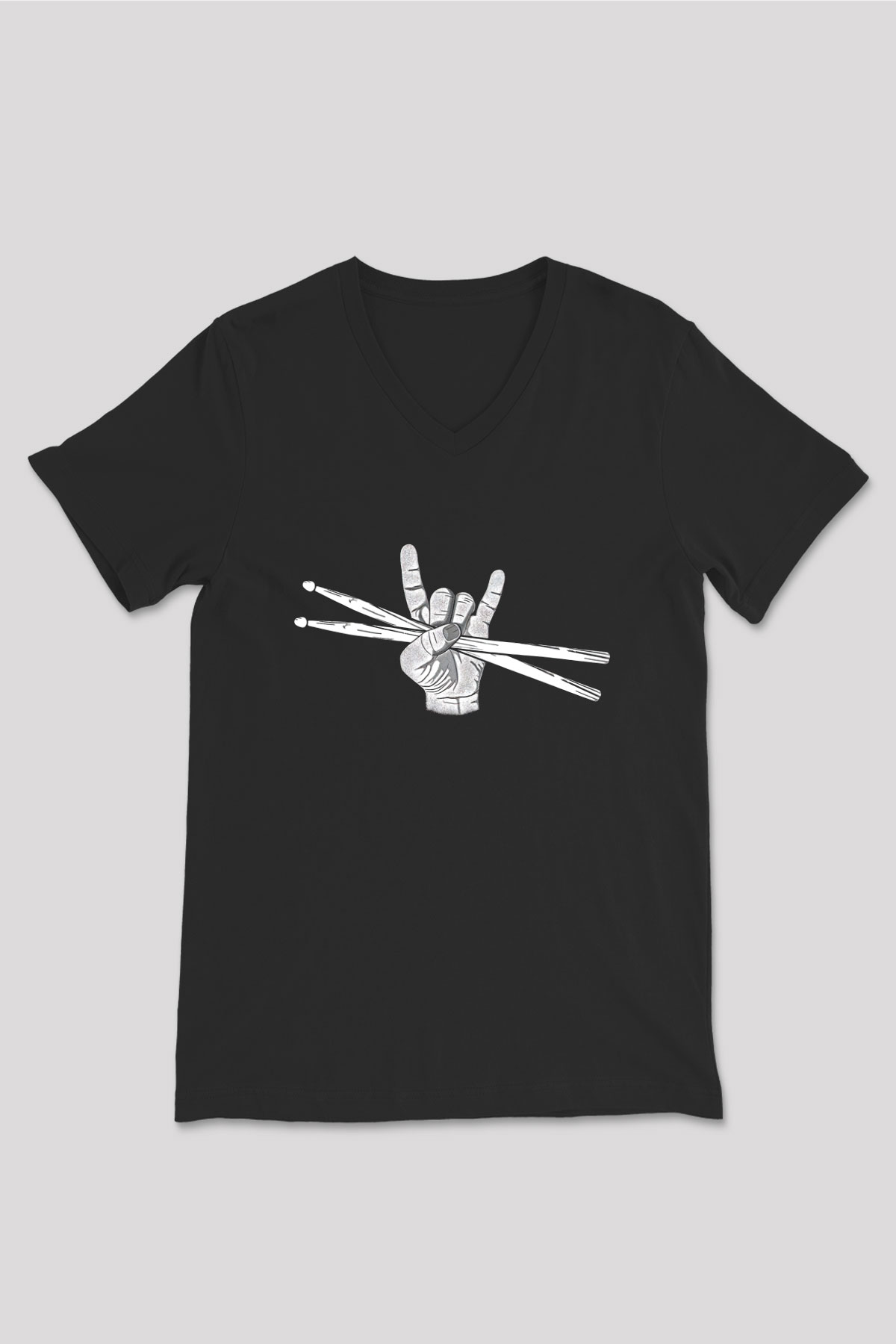Bateri Baskılı Unisex Siyah V Yaka Tişört - Tshirt